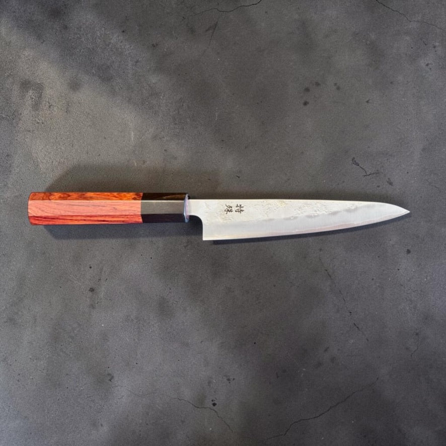 Tokushu Ginsan #3 Nashiji Petty 135mm with rosewood and ebony octagonal handle, full right-side profile.