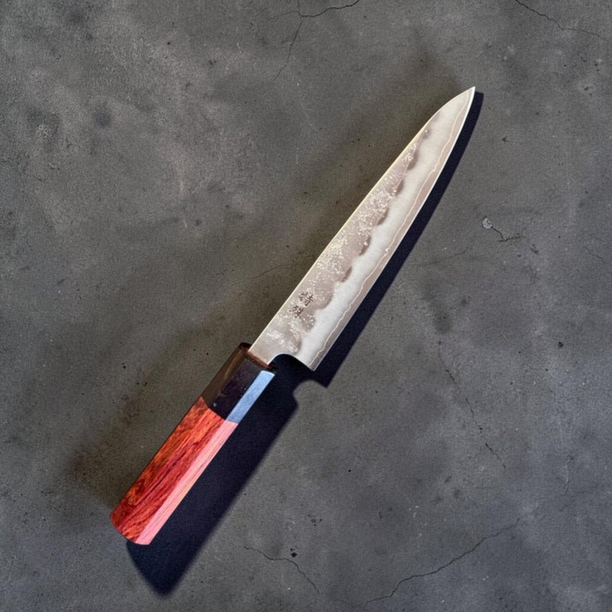 Tokushu Ginsan #3 Nashiji Petty 135mm, opposite angled view with octagonal rosewood and ebony handle.