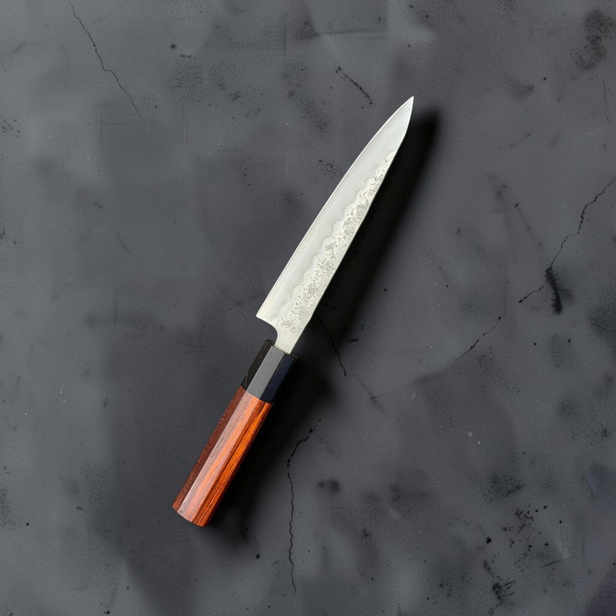 Tokushu Ginsan Nashiji 150mm petty knife, reverse angled view with rosewood and ebony handle