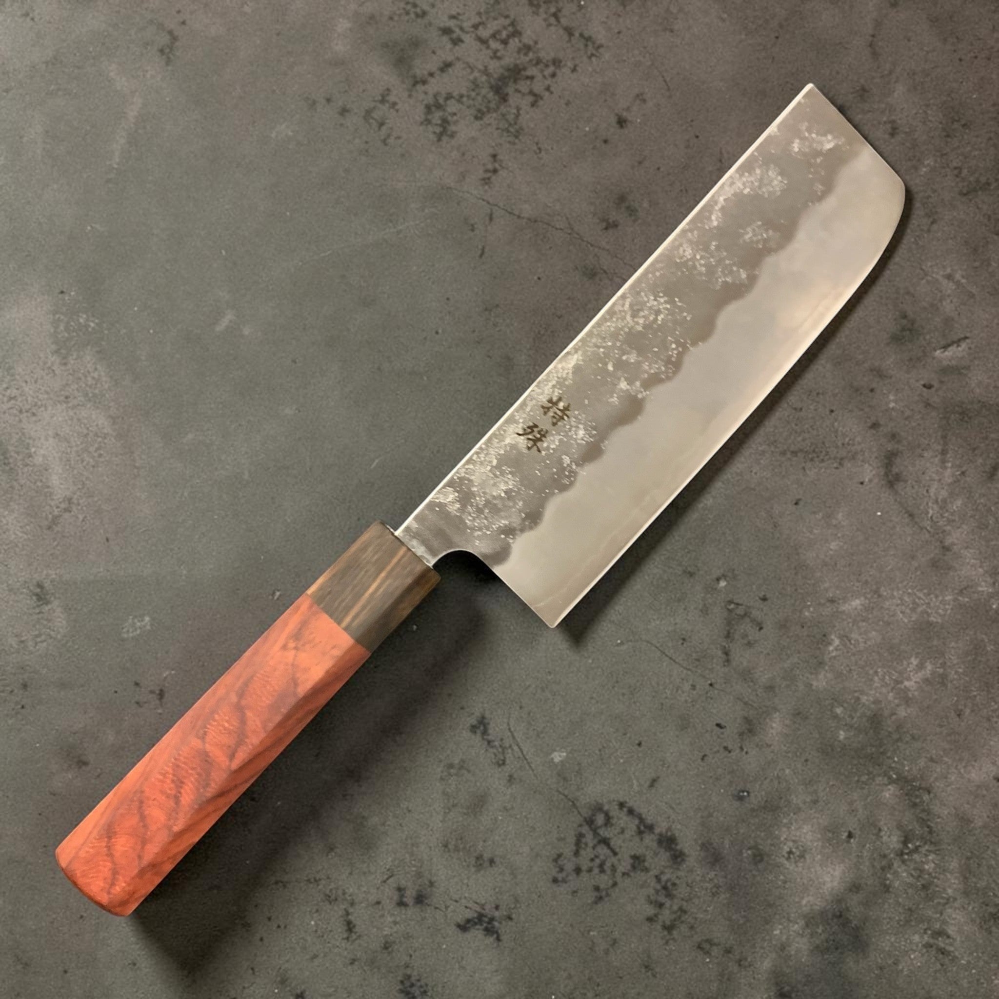 Tokushu Knife Ginsan #3 Nashiji Nakiri 165 mm, spine view from handle toward tip on white background.