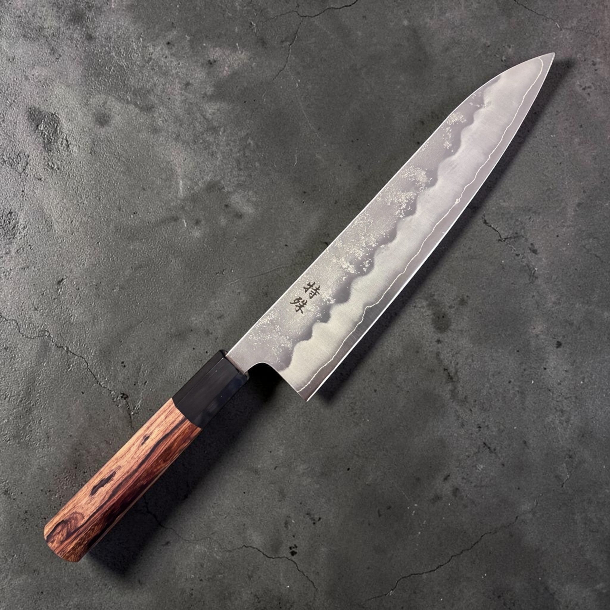 Tokushu Knife Special Edition Nashiji Ginsan Gyuto 210 mm, full blade face showing nashiji texture and cladding line.