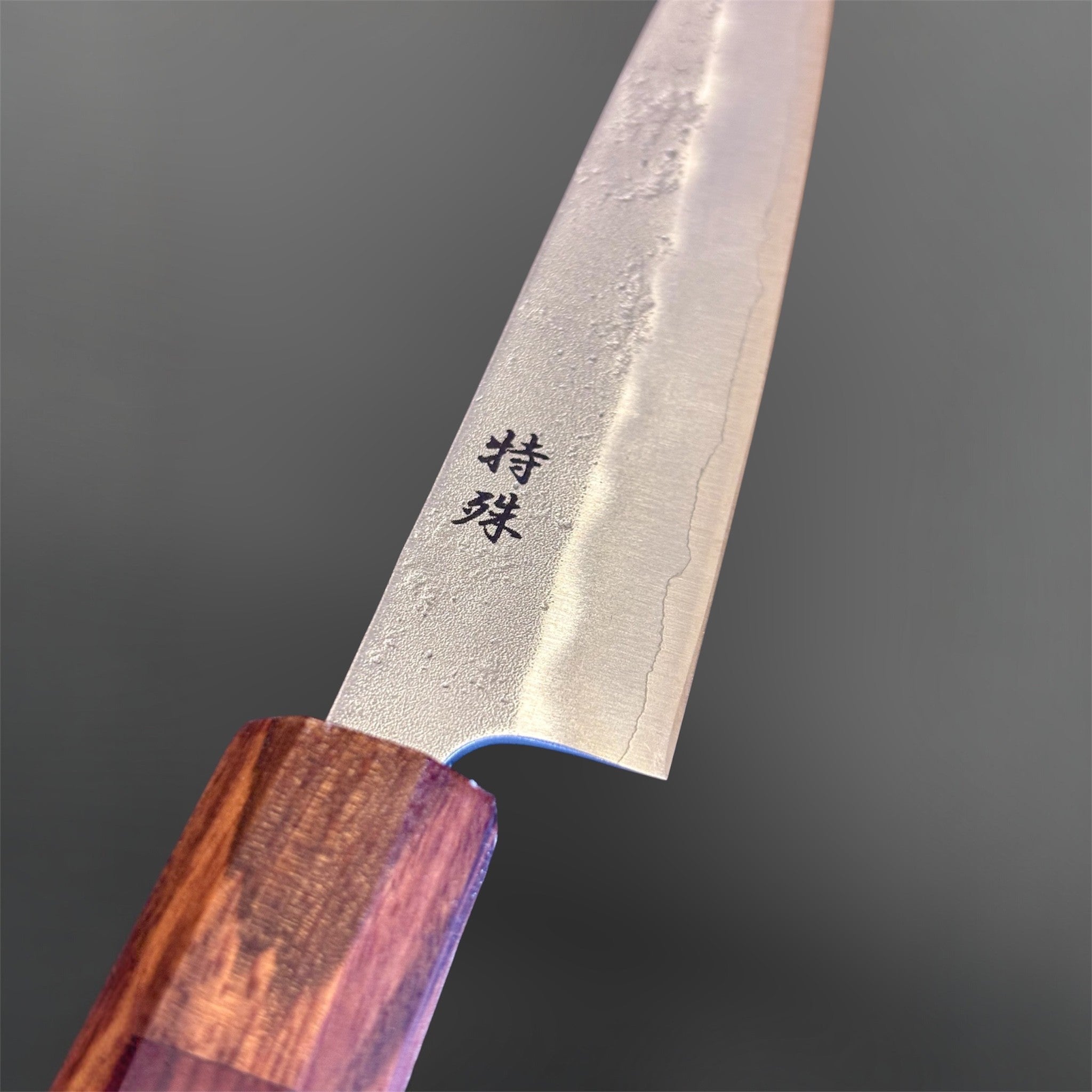 Tokushu Knife Nashiji Ginsan #3 Petty 150 mm with rosewood wa handle, close-up of the blade face, kanji mark, nashiji texture, and handle ferrule.