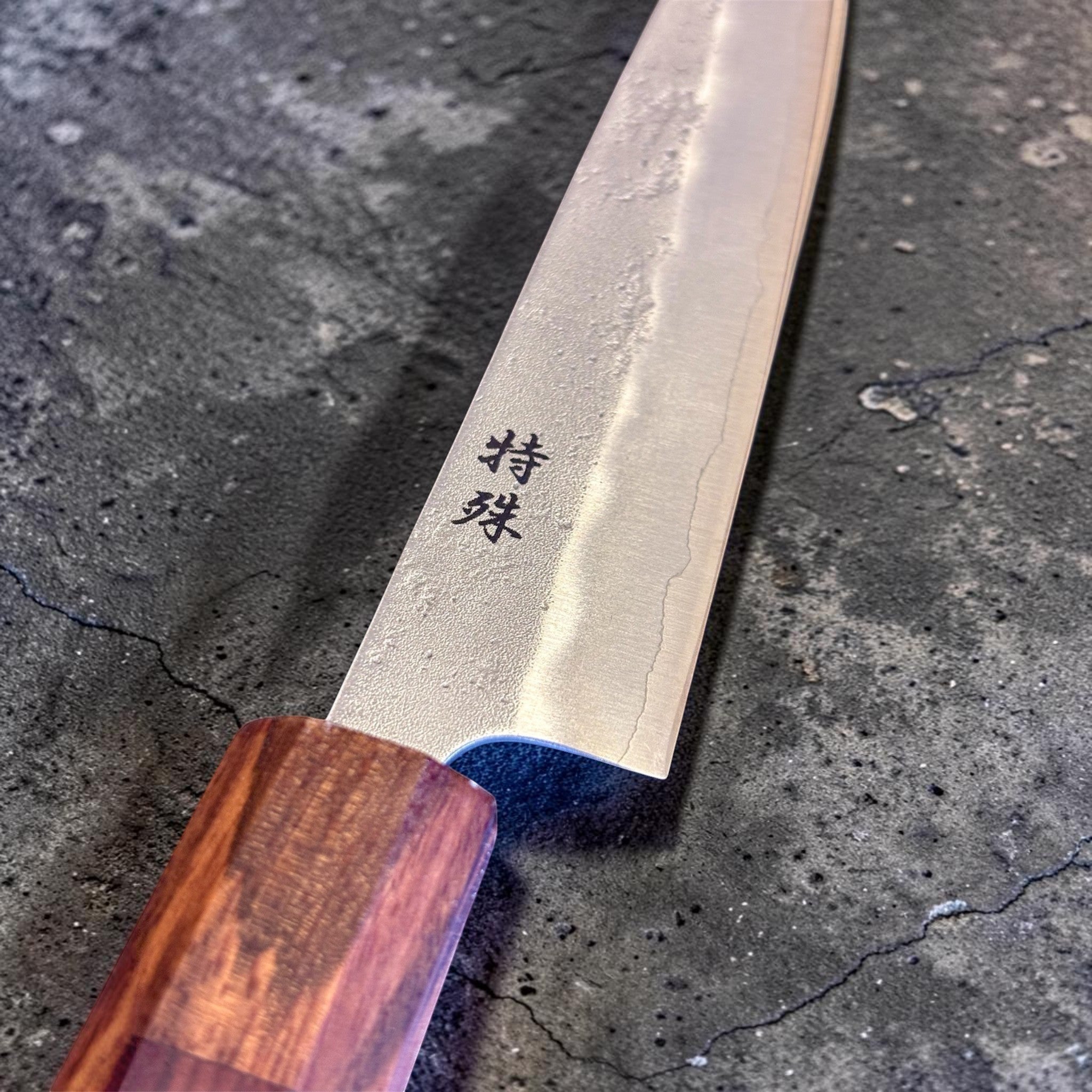 Tokushu Knife Nashiji Ginsan #3 Petty 150 mm with rosewood wa handle, close-up of the blade face, kanji mark, nashiji texture, and handle ferrule.