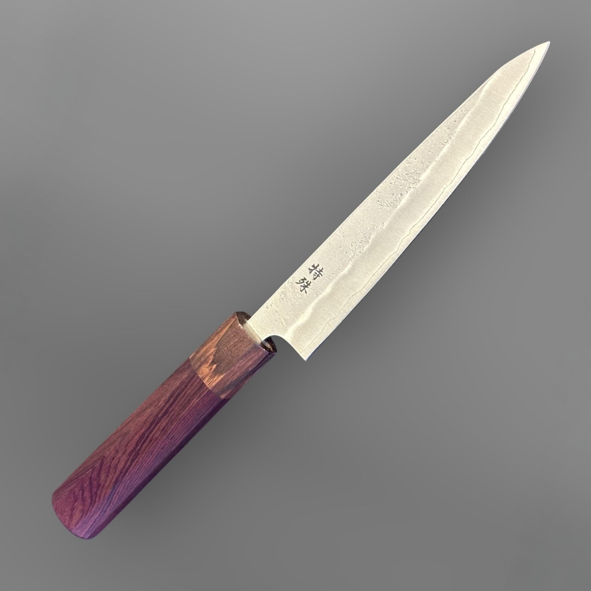 Tokushu Knife Nashiji Ginsan #3 Petty 150 mm with rosewood wa handle, angled product photo highlighting the blade shape, kanji, and rosewood wa handle.
