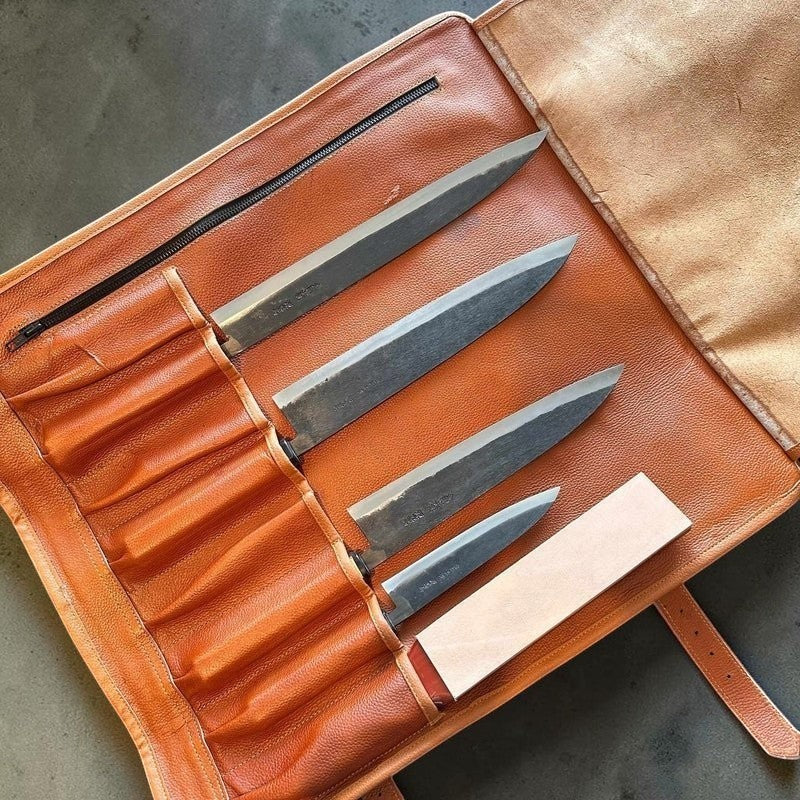 Tokushu Knife Premium Leather Japanese Knife Roll- Red/Brown - Tokushu Knife