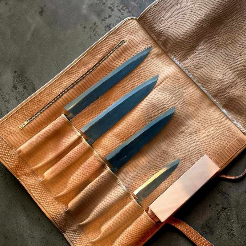 Tokushu Knife Premium Leather Knife Roll - suede snake skin embossed - Tokushu Knife