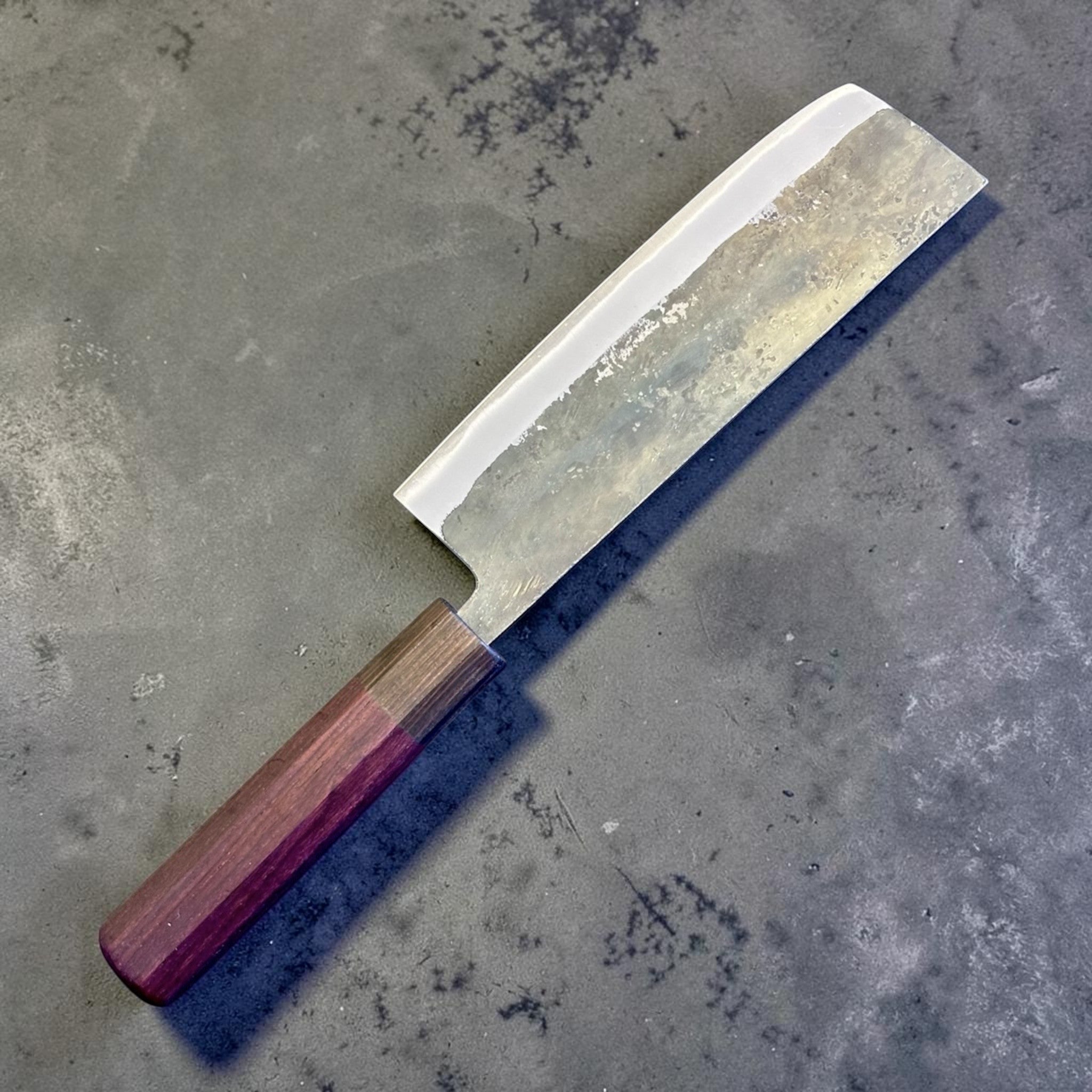 Tokushu Knife Rosewood Series White #2 Kurouchi 165 mm Japanese nakiri knife, angled reverse view with kurouchi blade finish and rosewood wa handle.