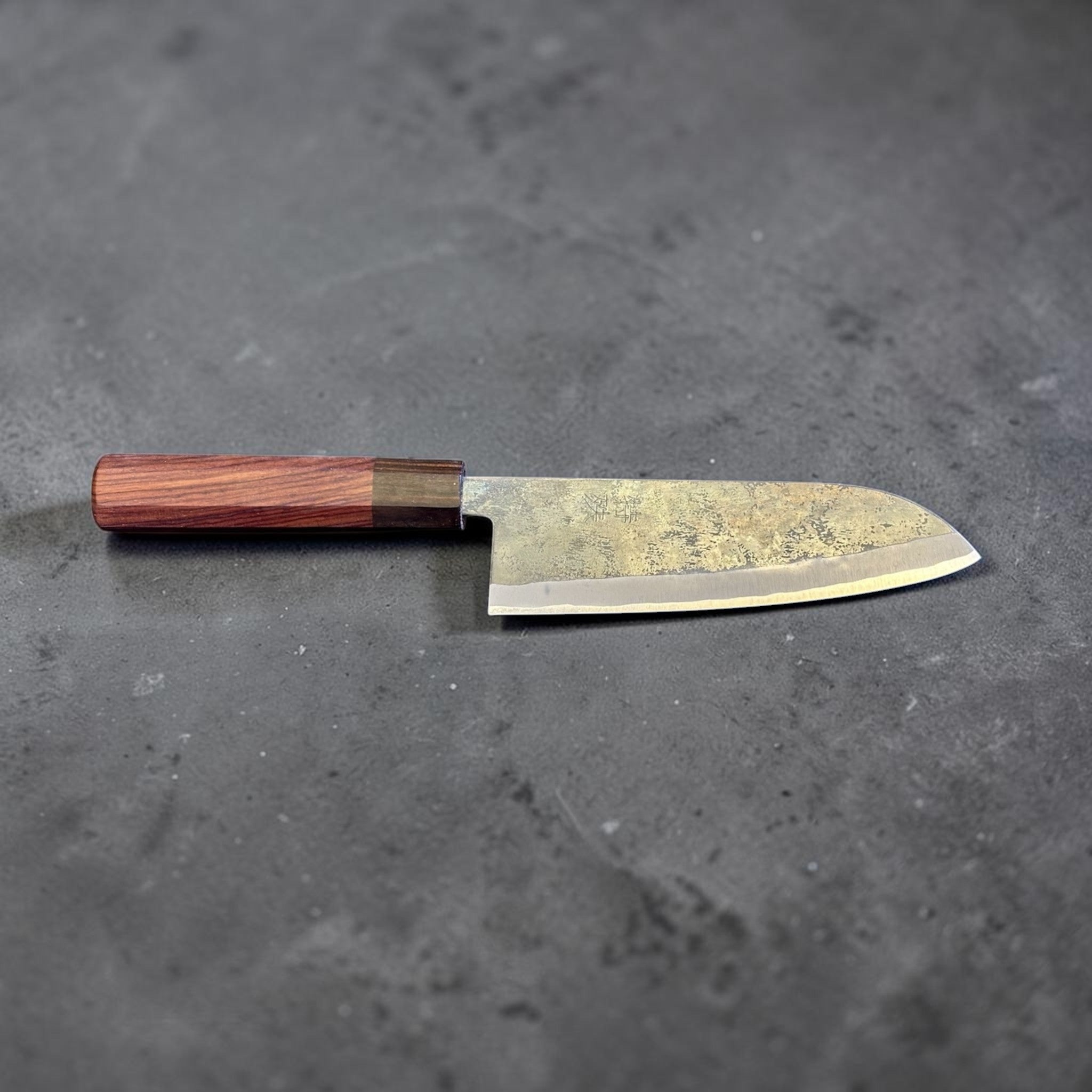 Tokushu Knife Rosewood Series White #2 Kurouchi 165 mm Japanese santoku knife, full side profile showing the broad santoku blade and rosewood handle.