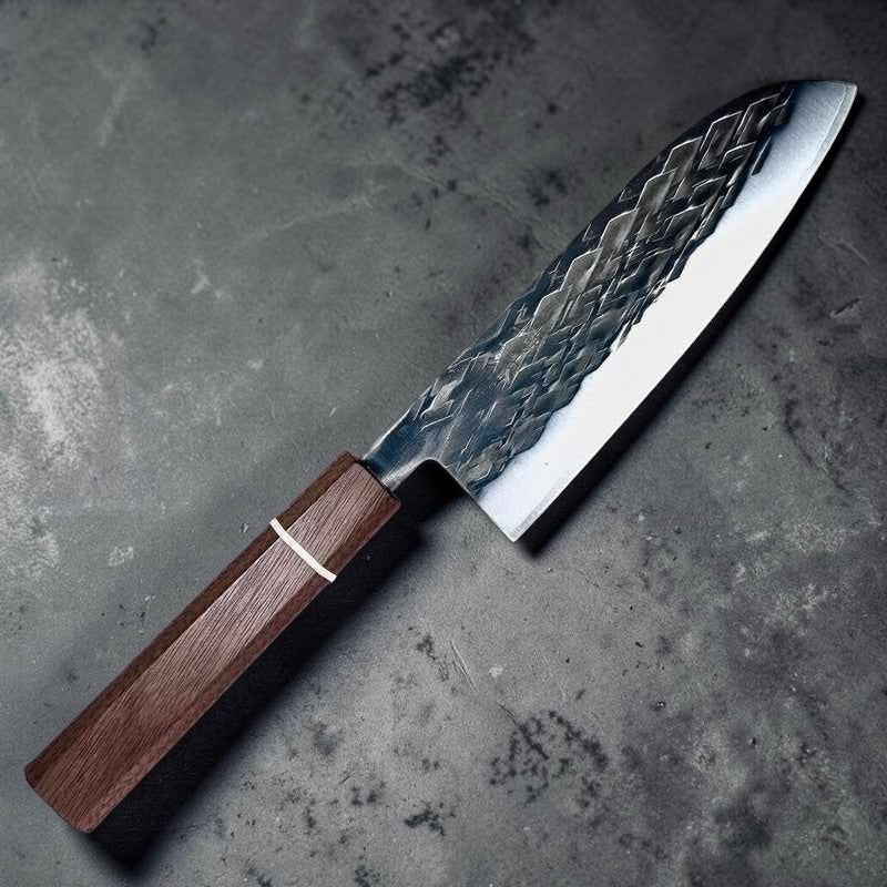 Tokushu Knife Tsuchime SLD 165mm Santoku - Walnut Wa Handle, Semi-Stainless Steel, Handmade in Japan - Tokushu Knife