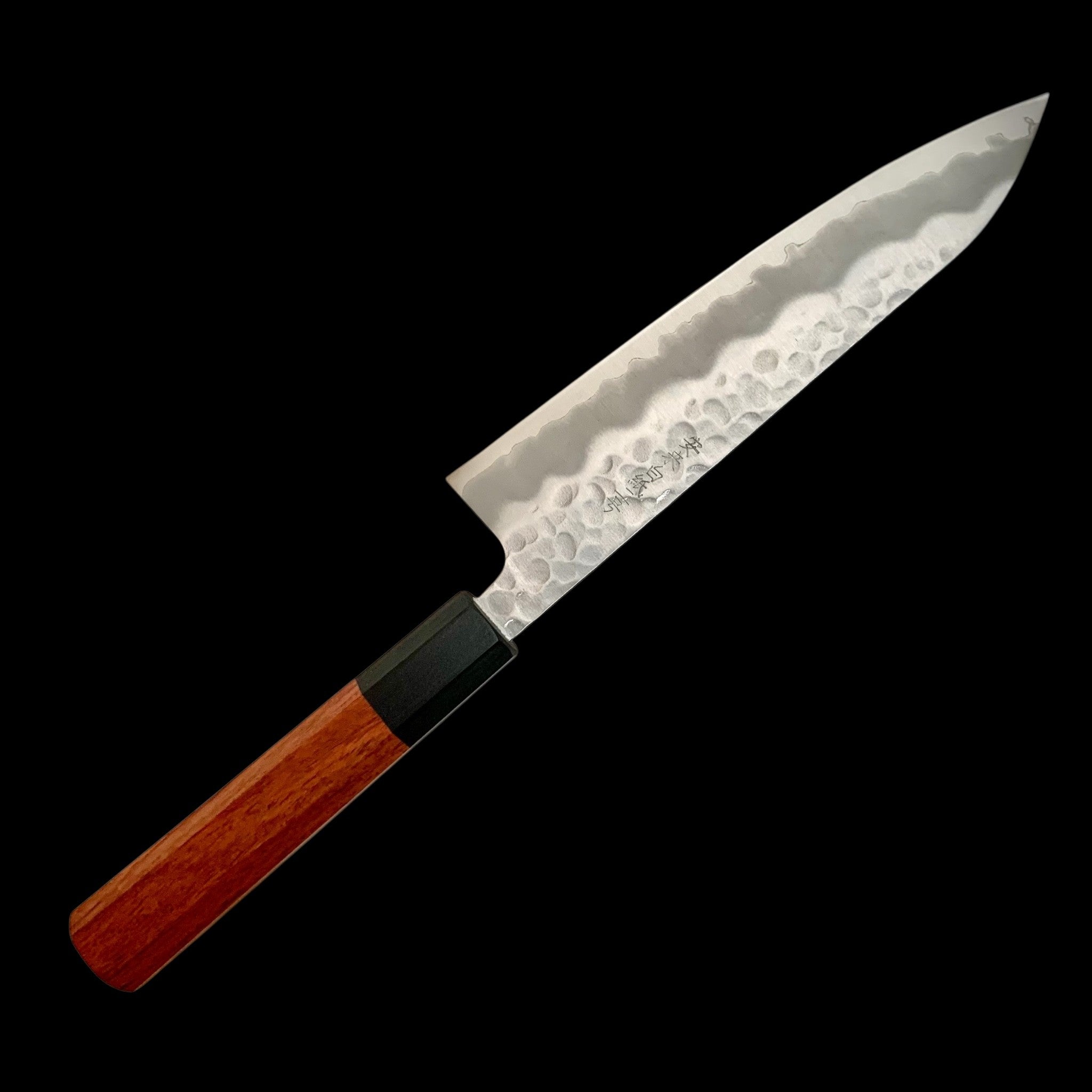 Tokushu Knife White #2 Stainless Clad Tsuchime Gyuto 180 mm — reverse side highlighting stainless cladding and hammered tsuchime pattern.