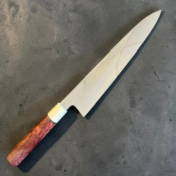 Tokushu Knife Satoshi Nakagawa and Shuji Yamaguchi White #1 Mizu Honyaki 240mm gyuto with one-of-one red custom wa handle, first side.