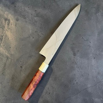 Tokushu Knife Satoshi Nakagawa and Shuji Yamaguchi White #1 Mizu Honyaki 240mm gyuto with one-of-one red custom wa handle, reverse side.