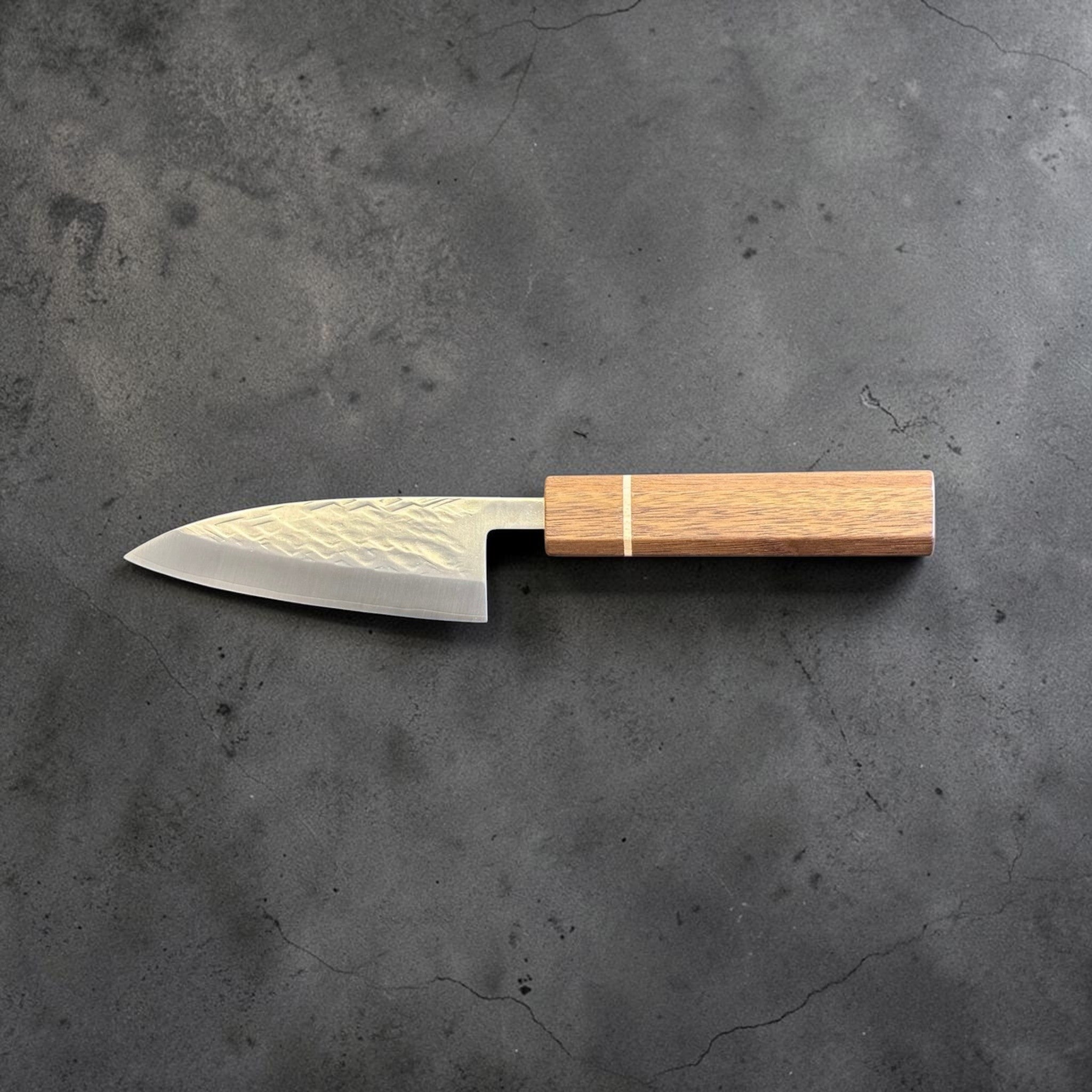 Tokushu Knife Tsuchime SLD 105 mm Tall Petty Ajikiri, full profile view showing the short tall blade, hammered finish, and wood wa handle.