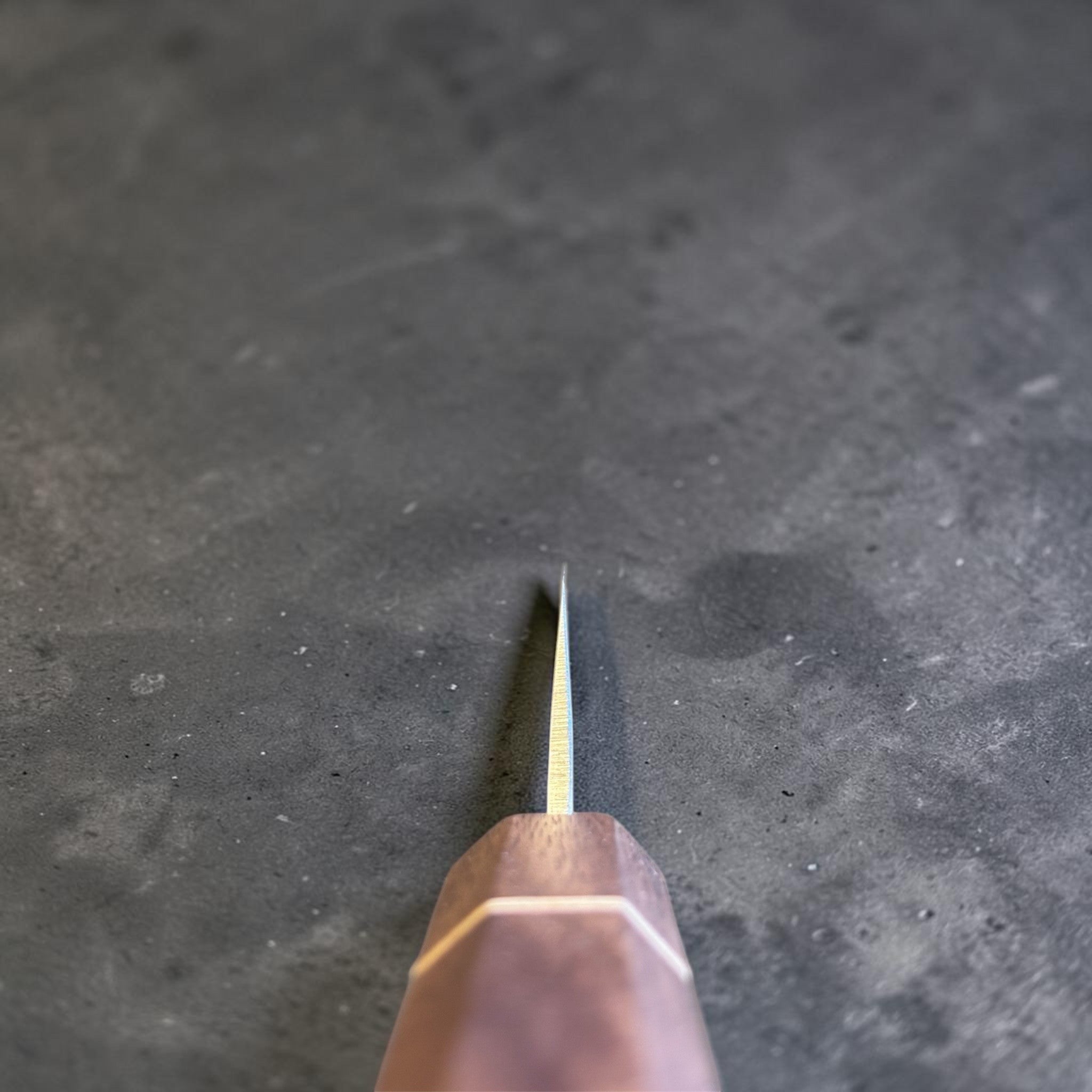 Tokushu Knife Tsuchime SLD 165 mm Hiraki Petty, spine view emphasizing the thin grind, tapered blade geometry, and octagonal wa handle.