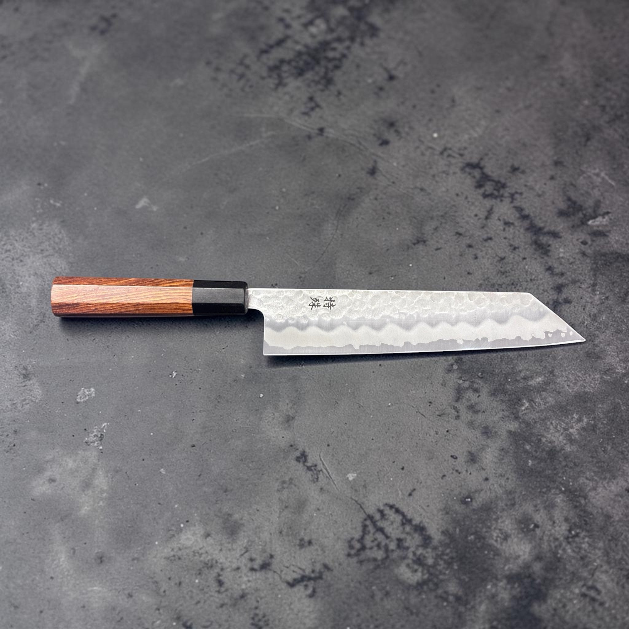 Tokushu White #2 Stainless Clad Tsuchime Kiritsuke 210mm, full-length profile on a grey background.