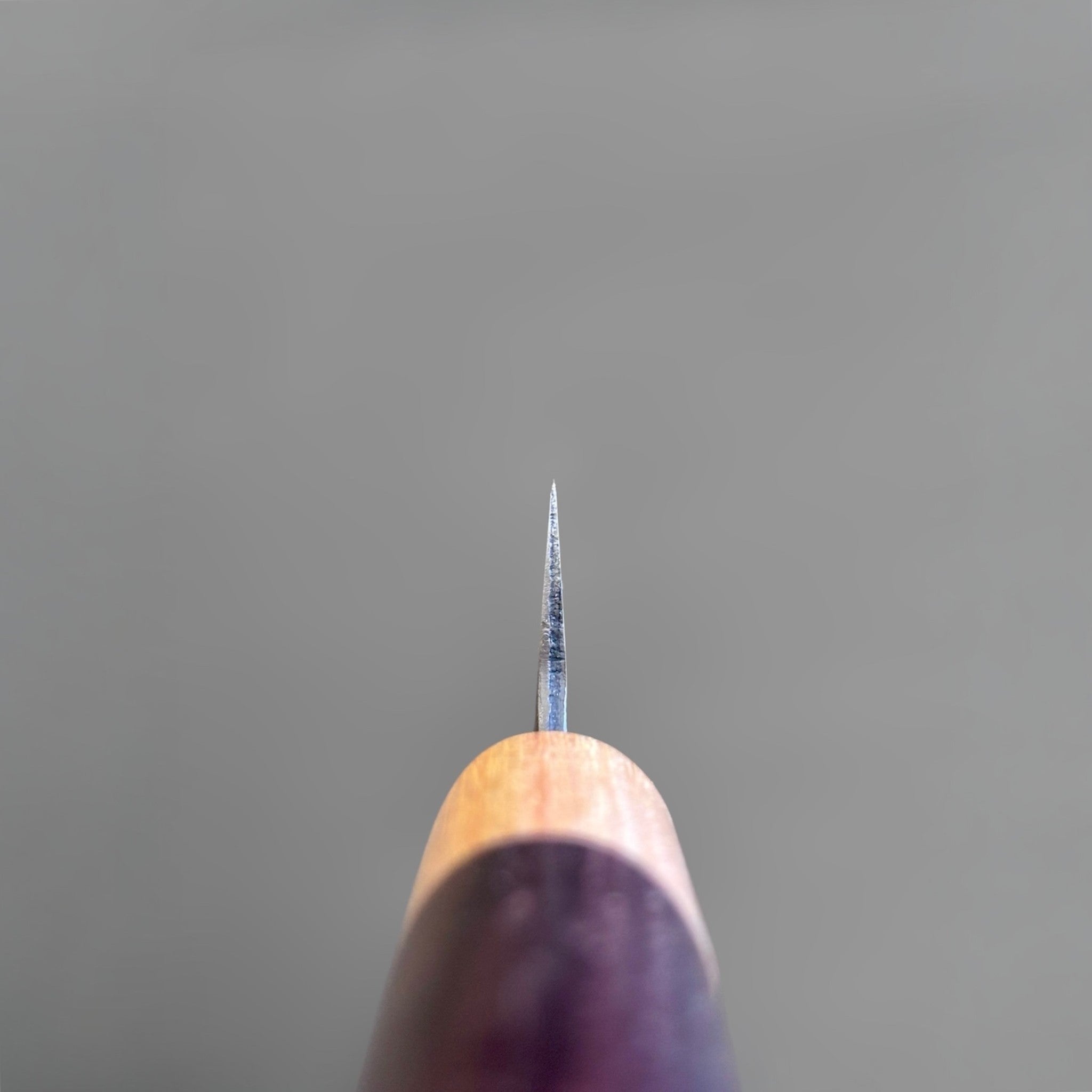 Tsunehisa Aogami Super Tsuchime Kuro Petty 150 mm with morado handle, spine view close-up showing the thin grind and fine taper toward the tip.