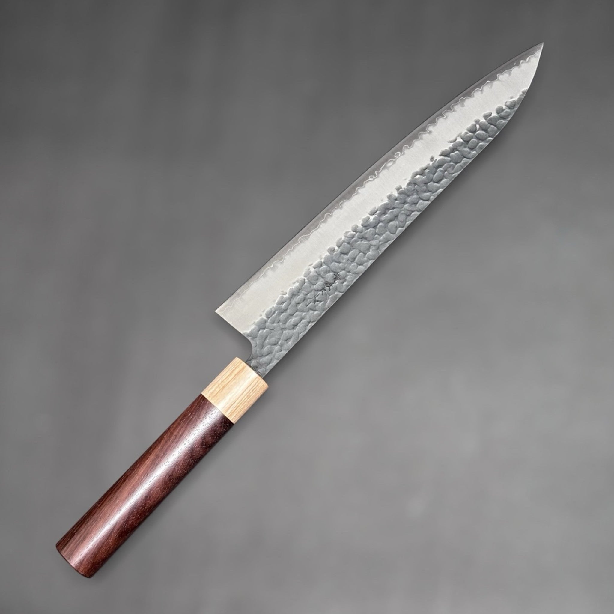 Tsunehisa Aogami Super Kurouchi Tsuchime Gyuto 240 mm Japanese chef knife left side of blade.