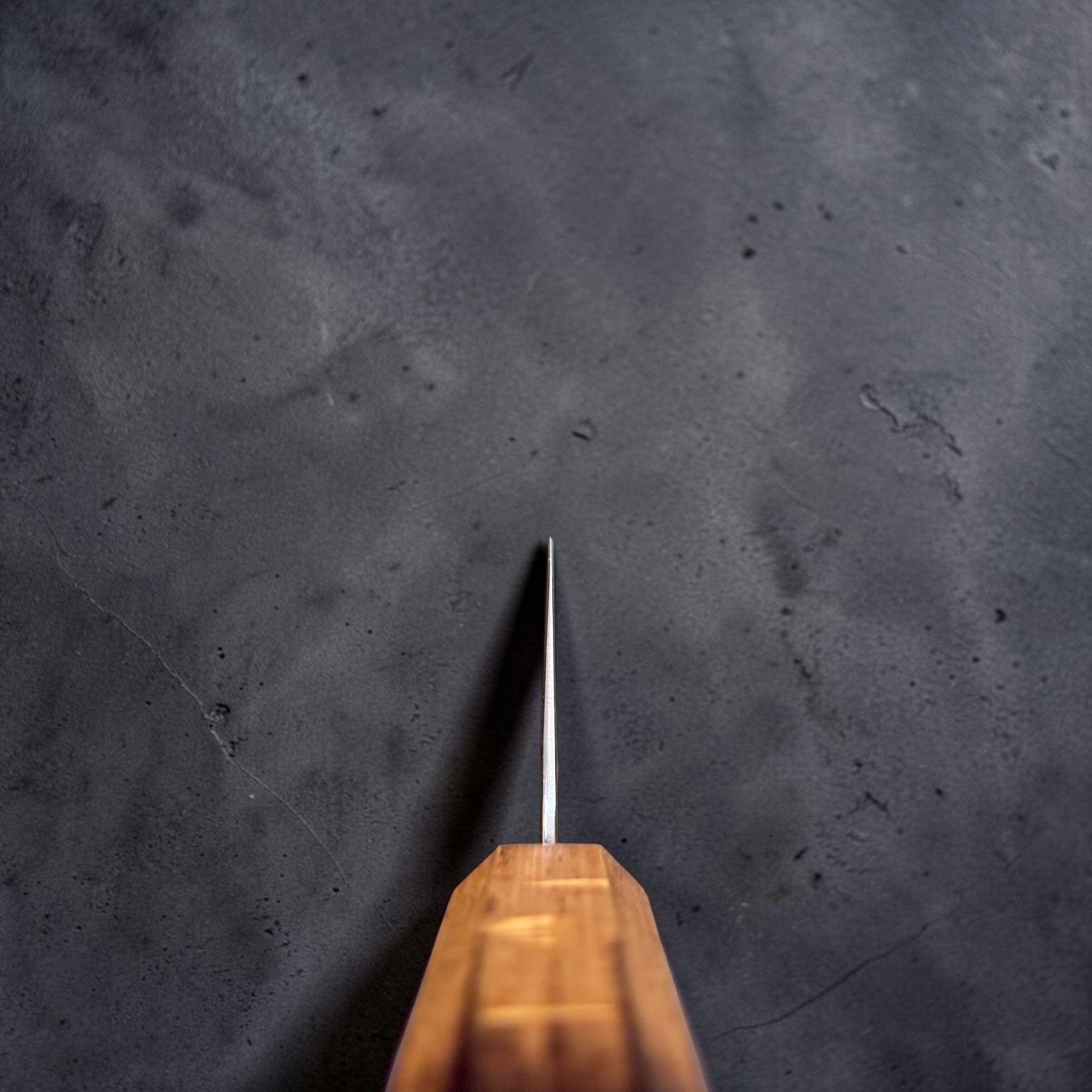Tsunehisa AUS-10 Nawame Gyuto 240 mm with burnt oak handle, choil shot showing blade grind and spine thickness.