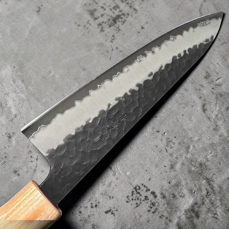 Tsunehisa Stainless Clad Aogami Super Kurouchi Tsuchime 180mm Gyuto with Morado Wa Handle Tokushu Knife.