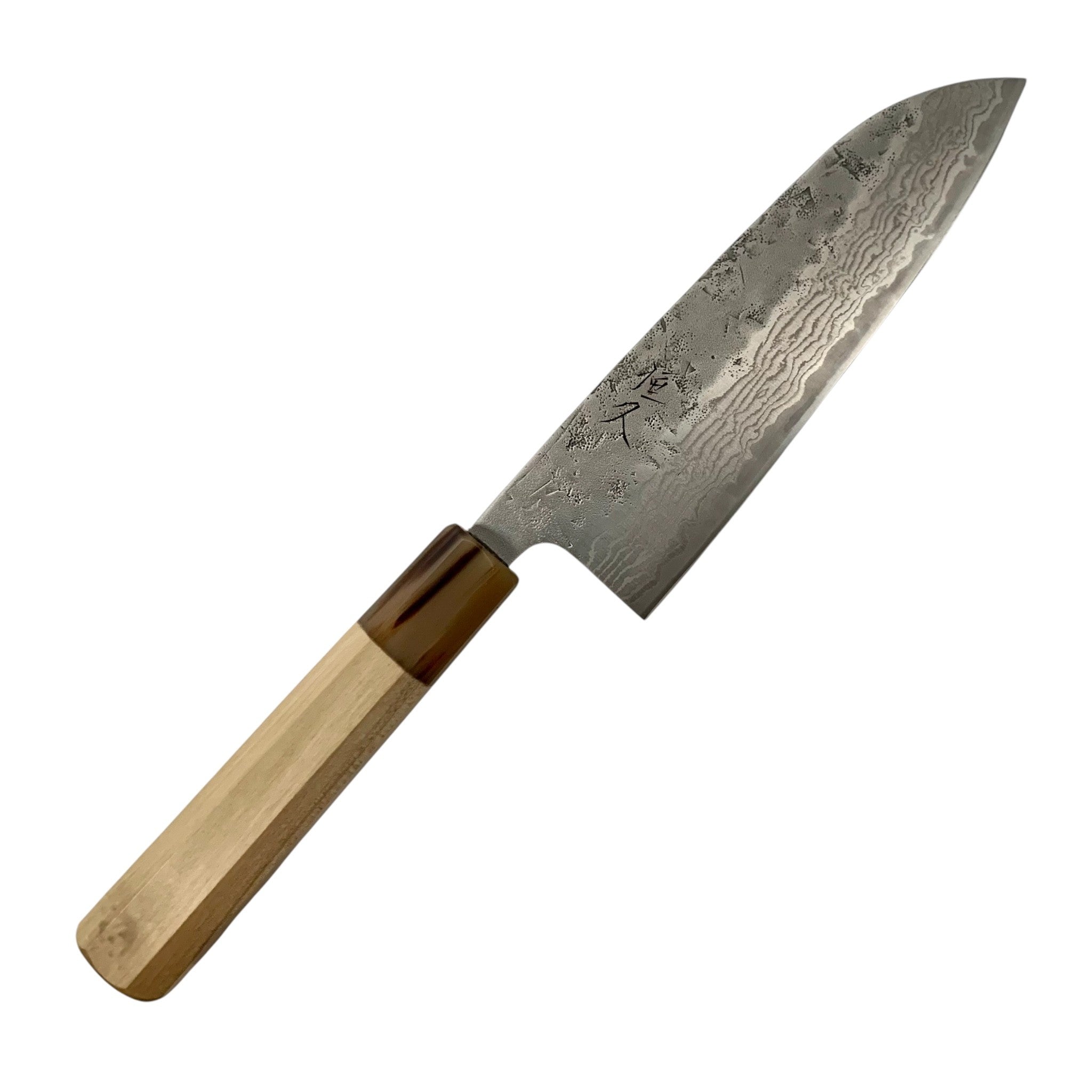 Tsunehisa Swedish Steel Washiji Damascus Santoku 170 mm, right-handed view showing Damascus pattern and octagonal handle.