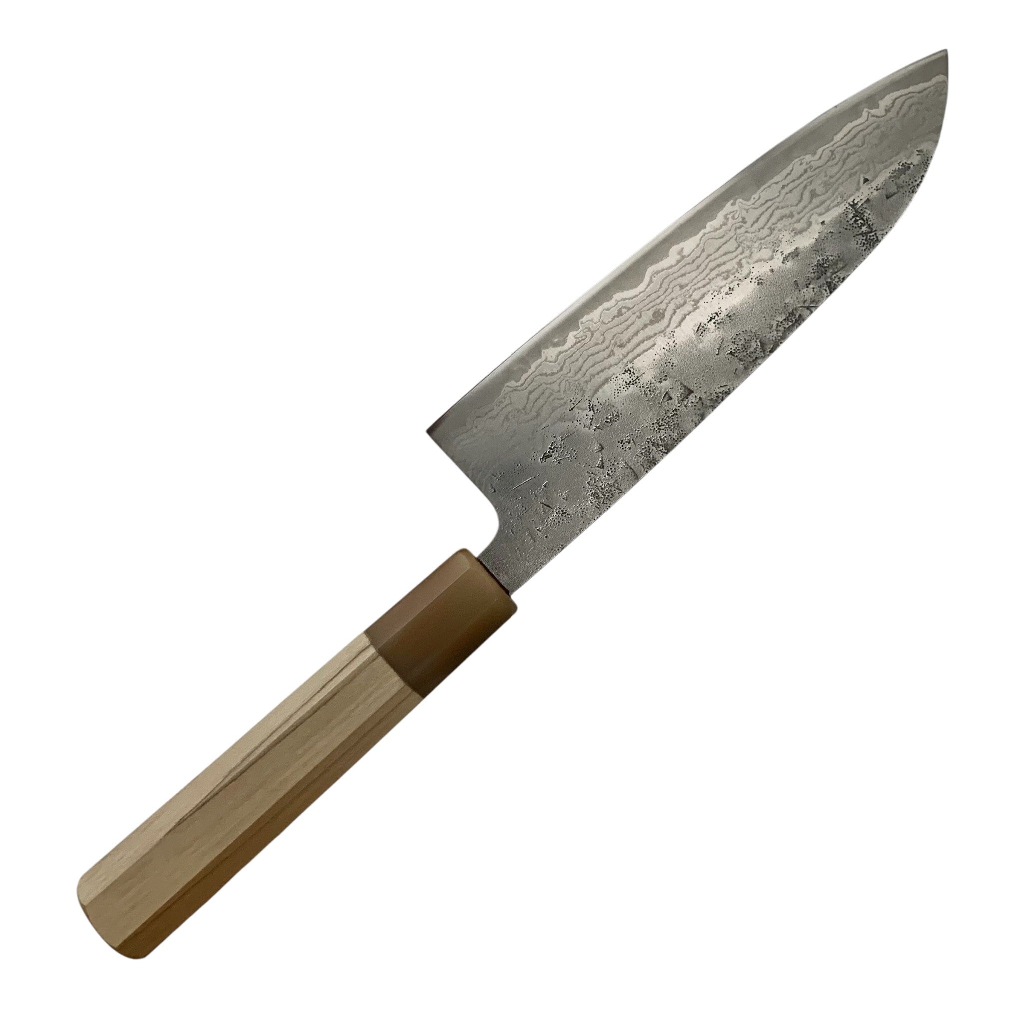 Tsunehisa Swedish Steel Washiji Damascus Santoku 170 mm, left-handed view highlighting forged texture and wave pattern.