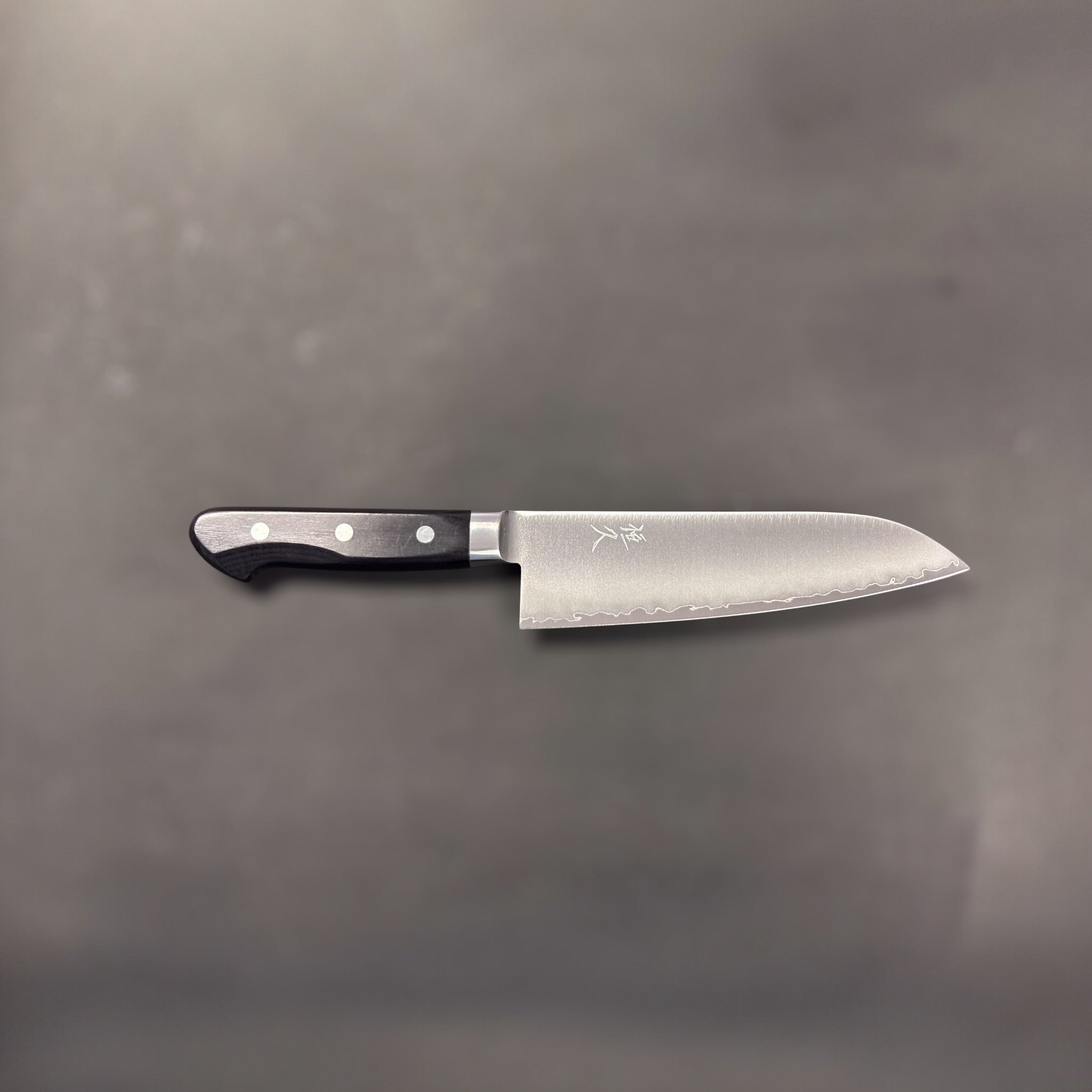 Tsunehisa VG-1 stainless steel Santoku 165 mm with black Western handle, wider side shot emphasizing overall silhouette and balance.