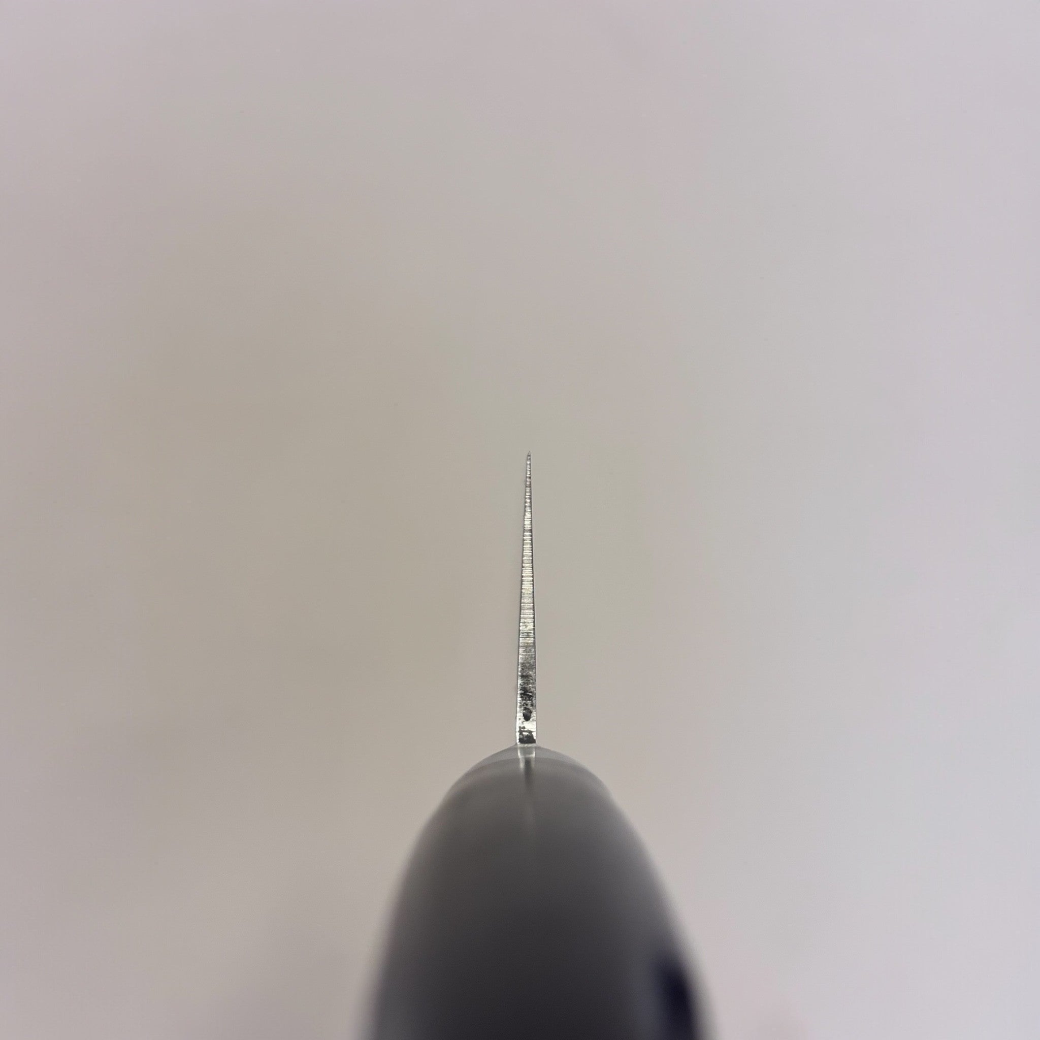 Tsunehisa VG-1 stainless steel Santoku 165 mm with black Western handle, tip-down spine shot showing thin taper and grind at the edge.