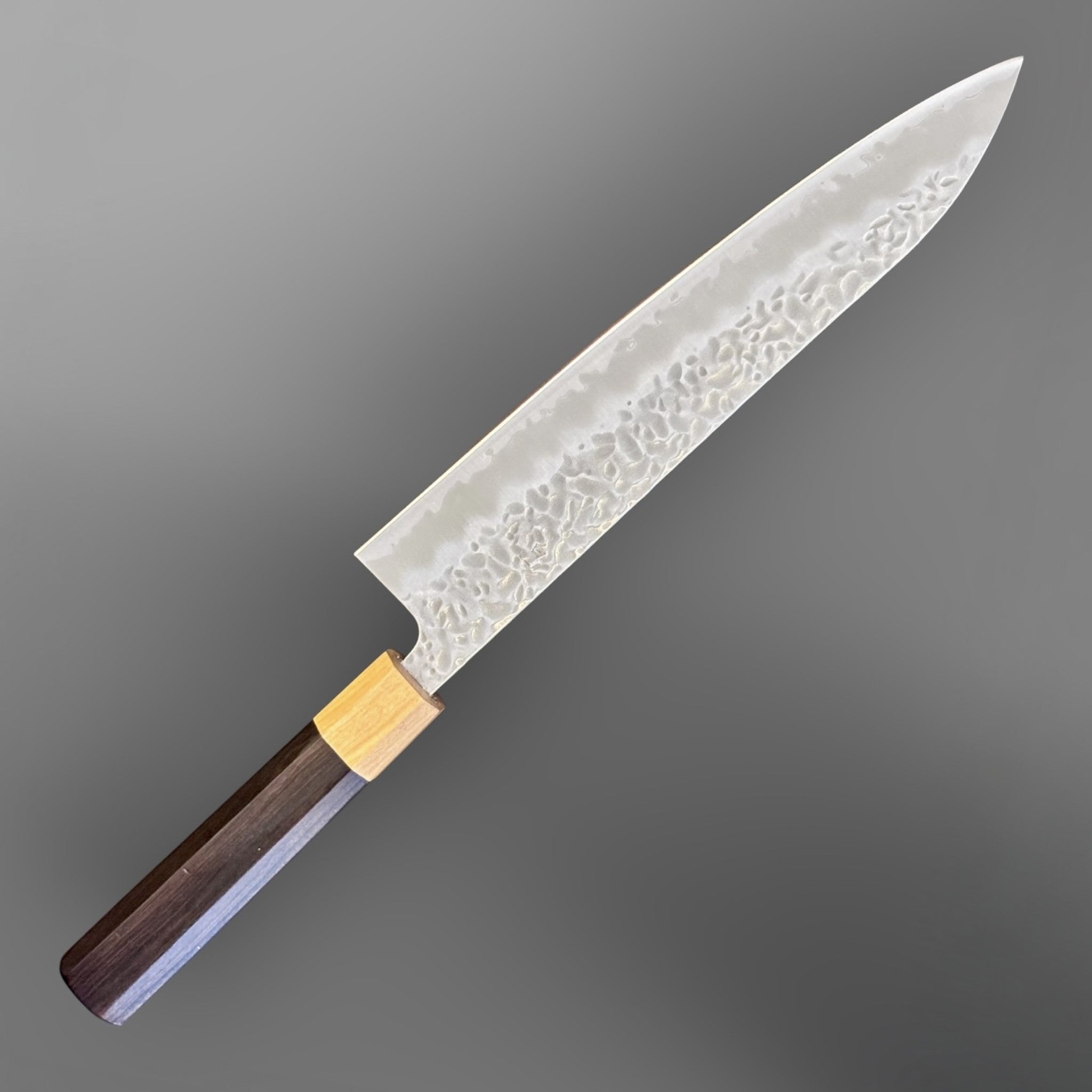Tsunehisa White #1 stainless clad Tsuchime Gyuto 240 mm, full blade and handle view showing hammered tsuchime texture.