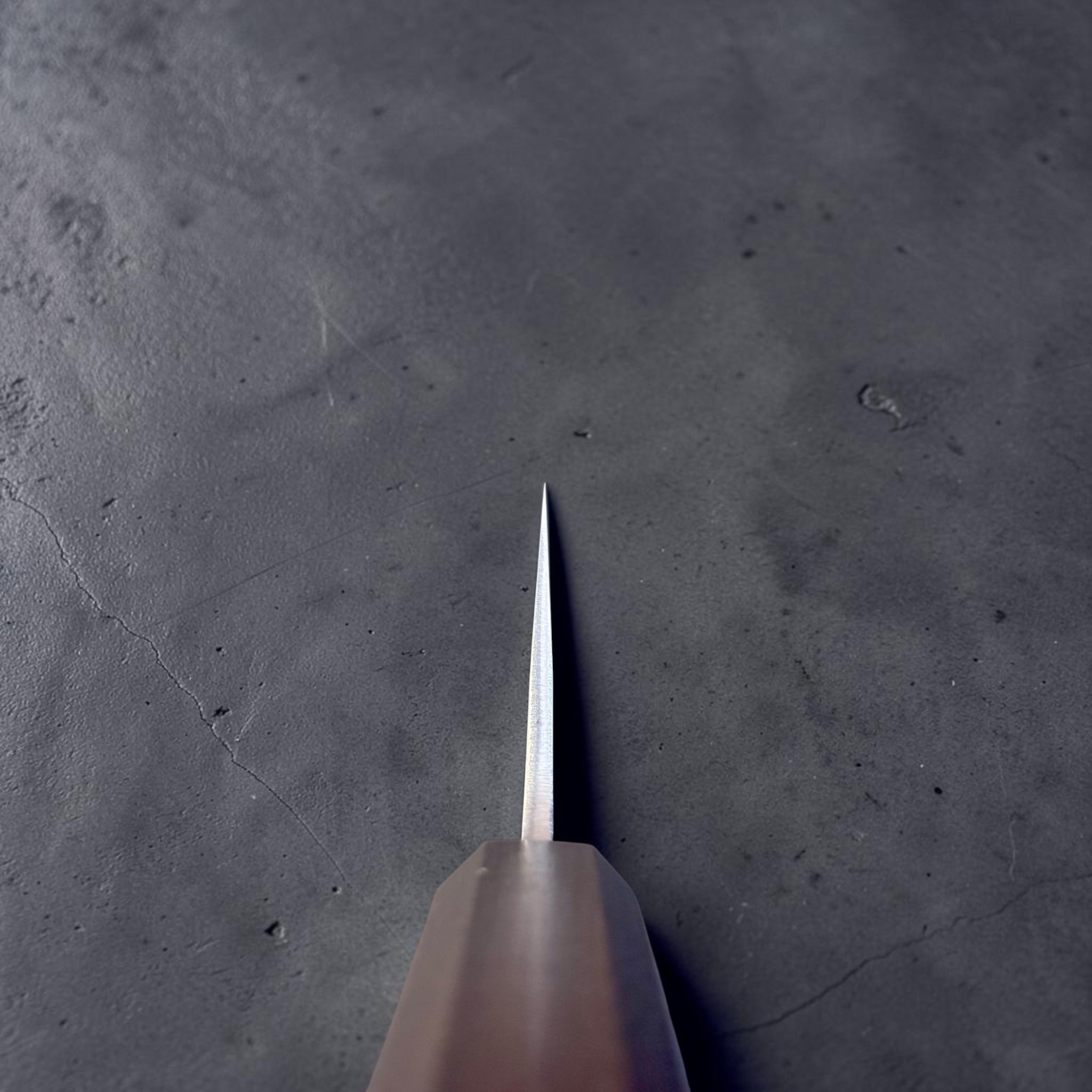 Yoshikane SKD Nashiji Kiritsuke 210mm with mono bubinga handle, spine and distal taper view.