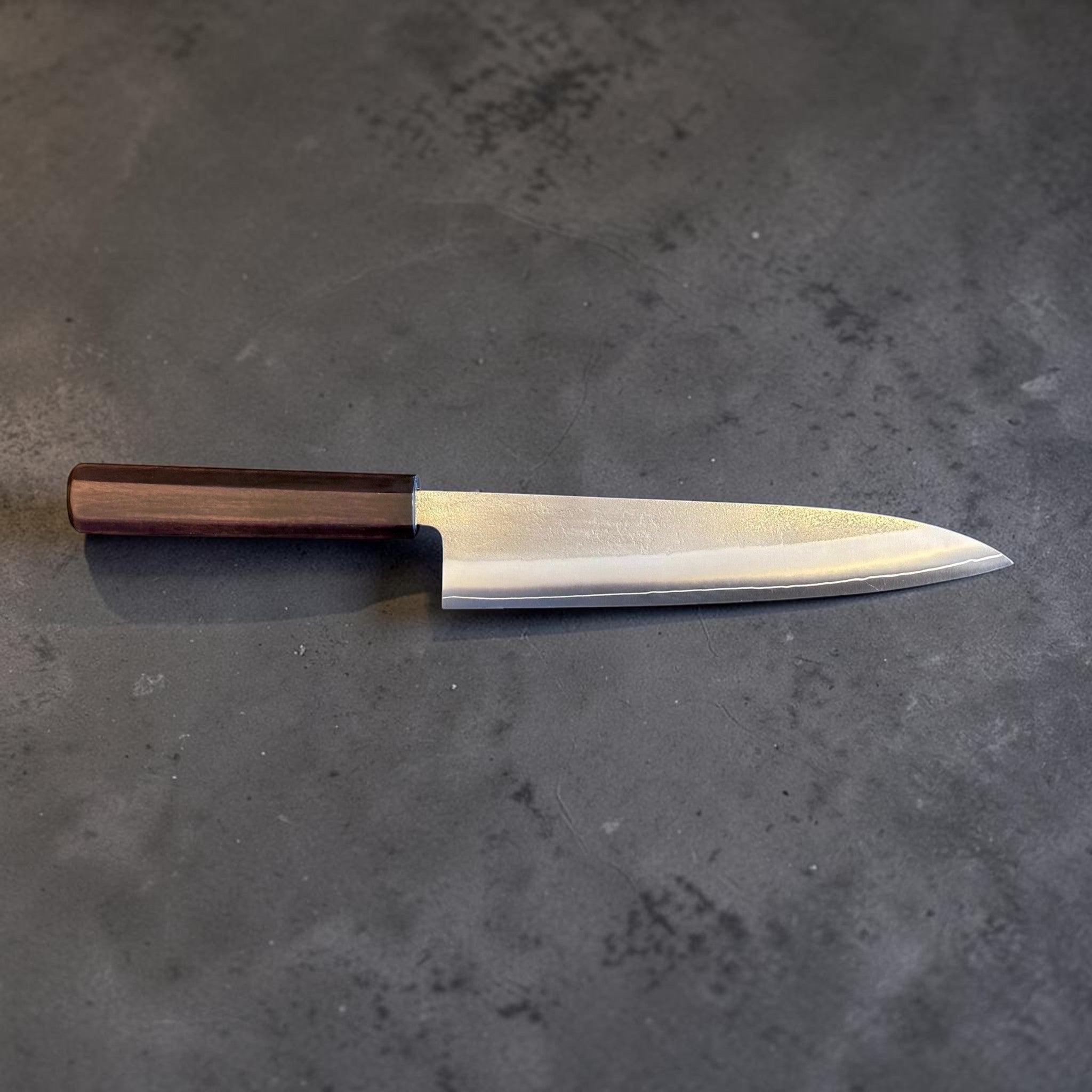 Yoshikane SKD Nashiji Gyuto 210 mm with mono ebony handle, full side profile of blade and handle.
