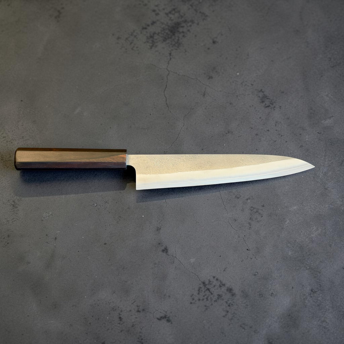 Yoshikane SKD Nashiji Gyuto 240mm with mono ebony handle, full reverse-side view.