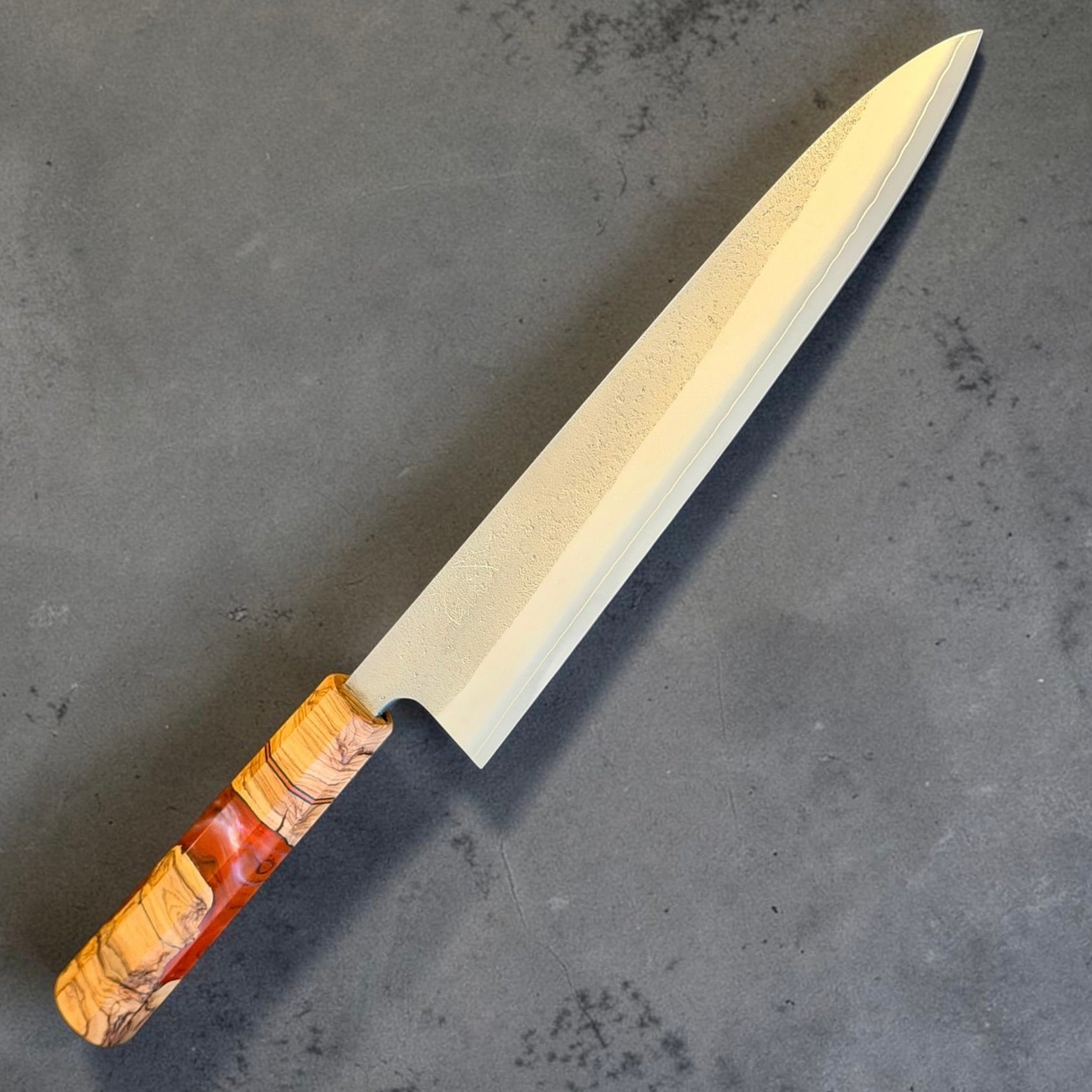 Yoshikane SKD Nashiji Gyuto 240mm with Prisma red resin and spalted wood handle, reverse side.