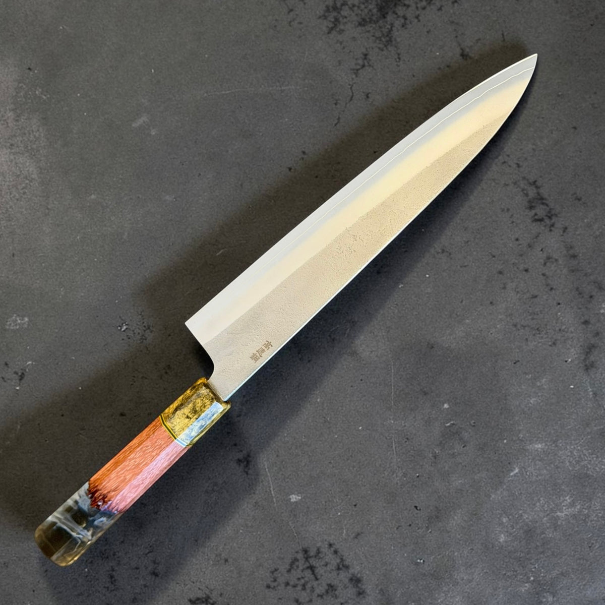 Yoshikane SKD Nashiji Gyuto 240mm with Prisma rose wood and smoke resin wa handle, maker side.