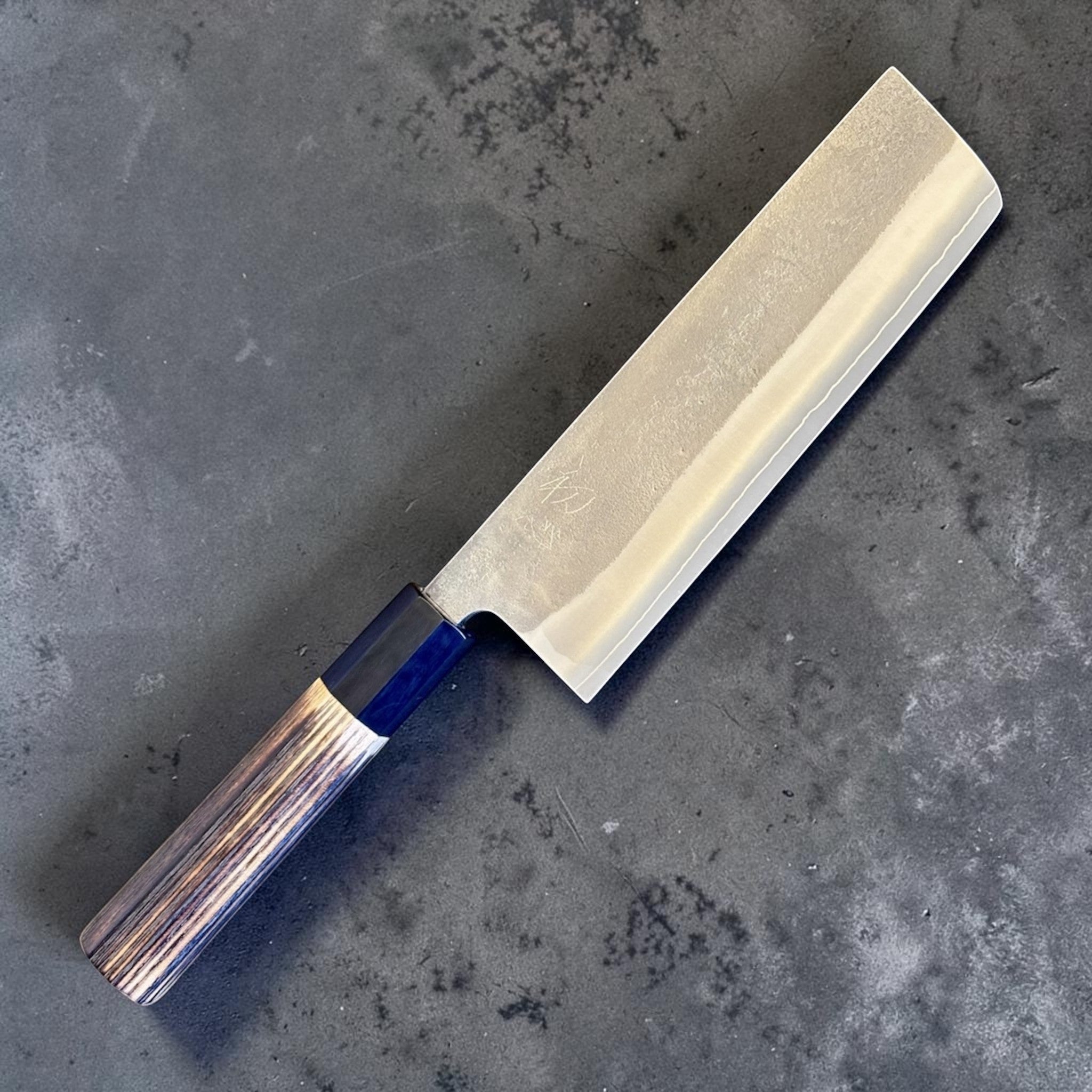 Yoshikane SKD Nashiji Nakiri with Burnt wood and black horn handle.