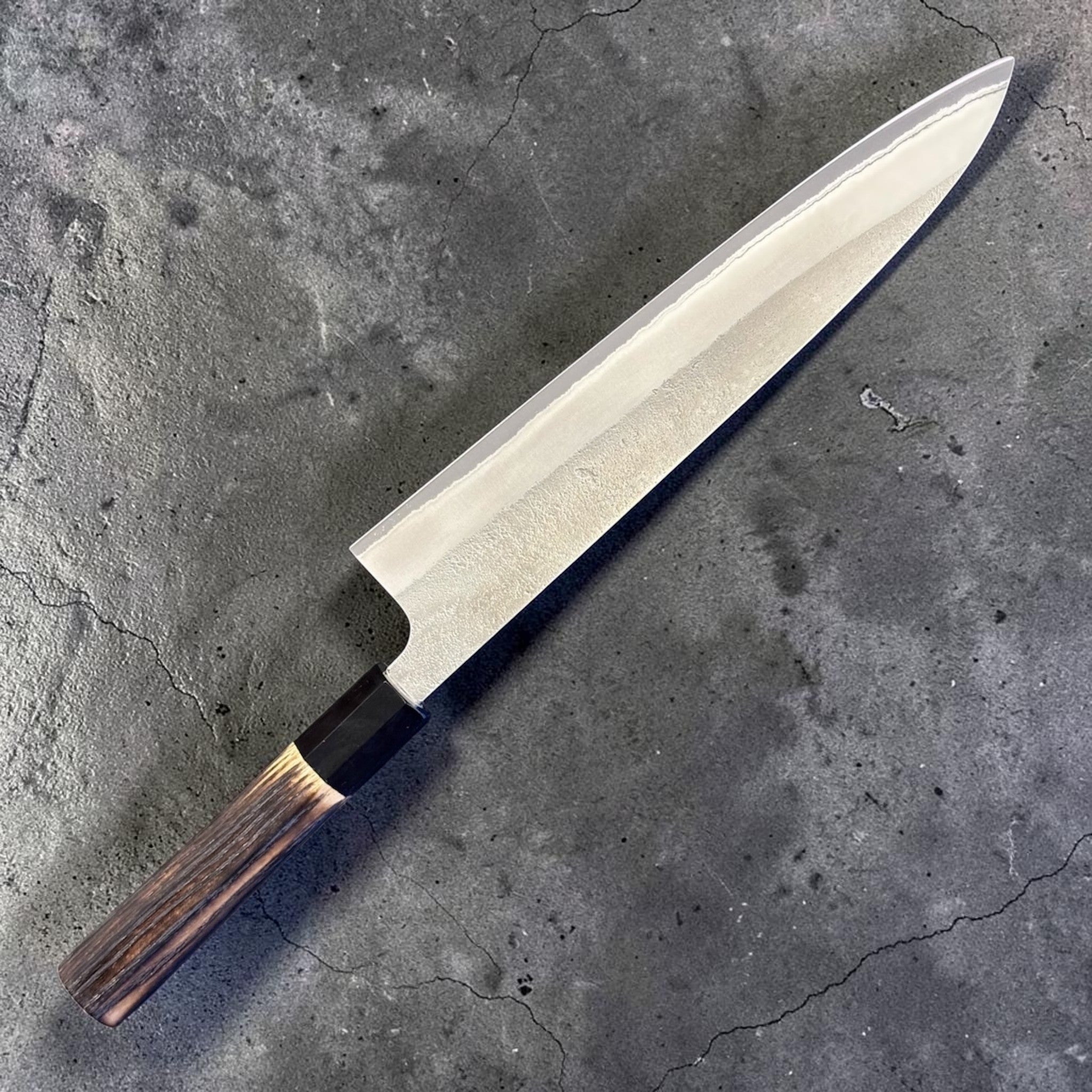 Yoshikane White #2 Nashiji Gyuto 240 mm, full profile product photo showing the long gyuto blade and traditional wa handle.