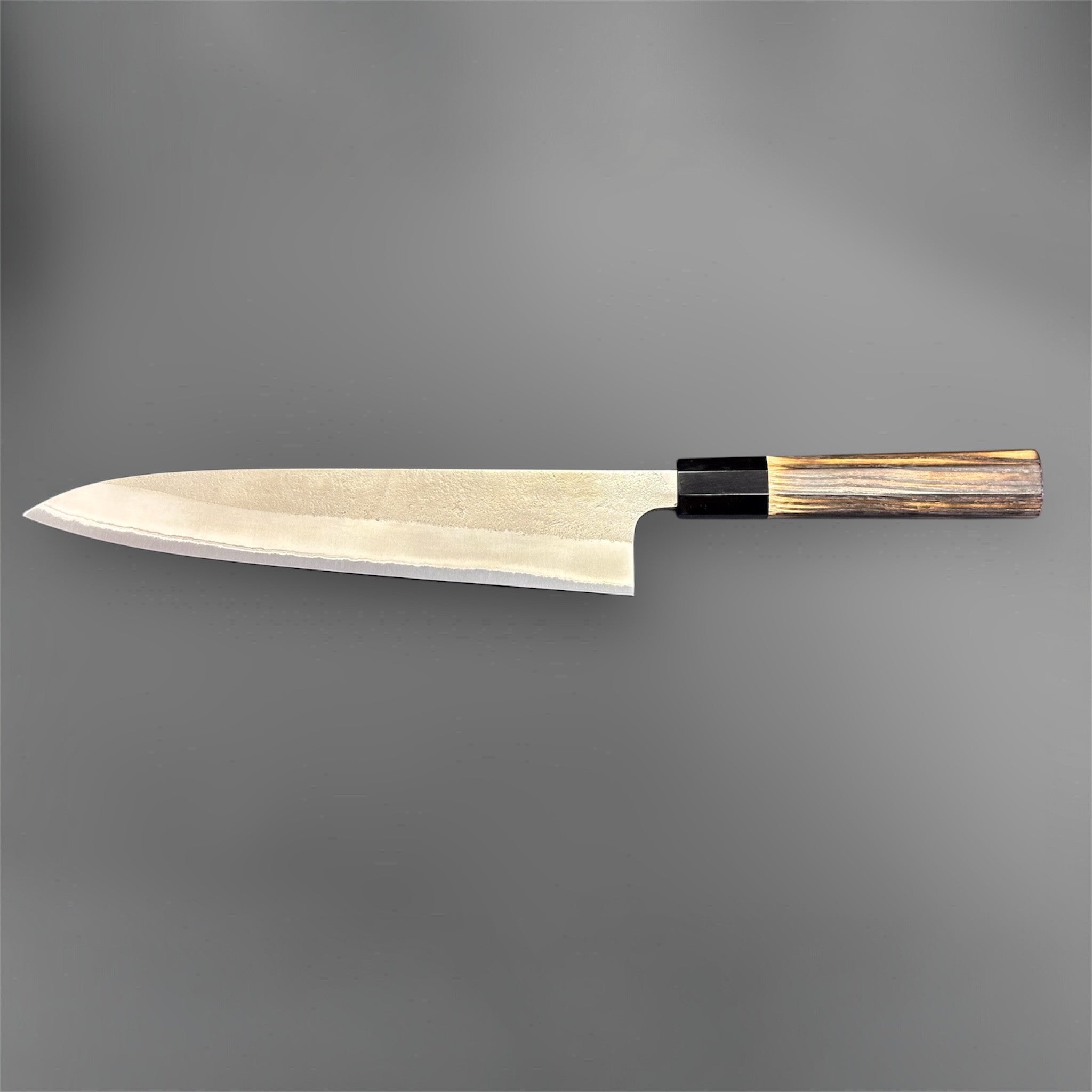 Yoshikane White #2 Nashiji Gyuto 240 mm, side profile image highlighting the blade geometry, Nashiji cladding, and wa handle.
