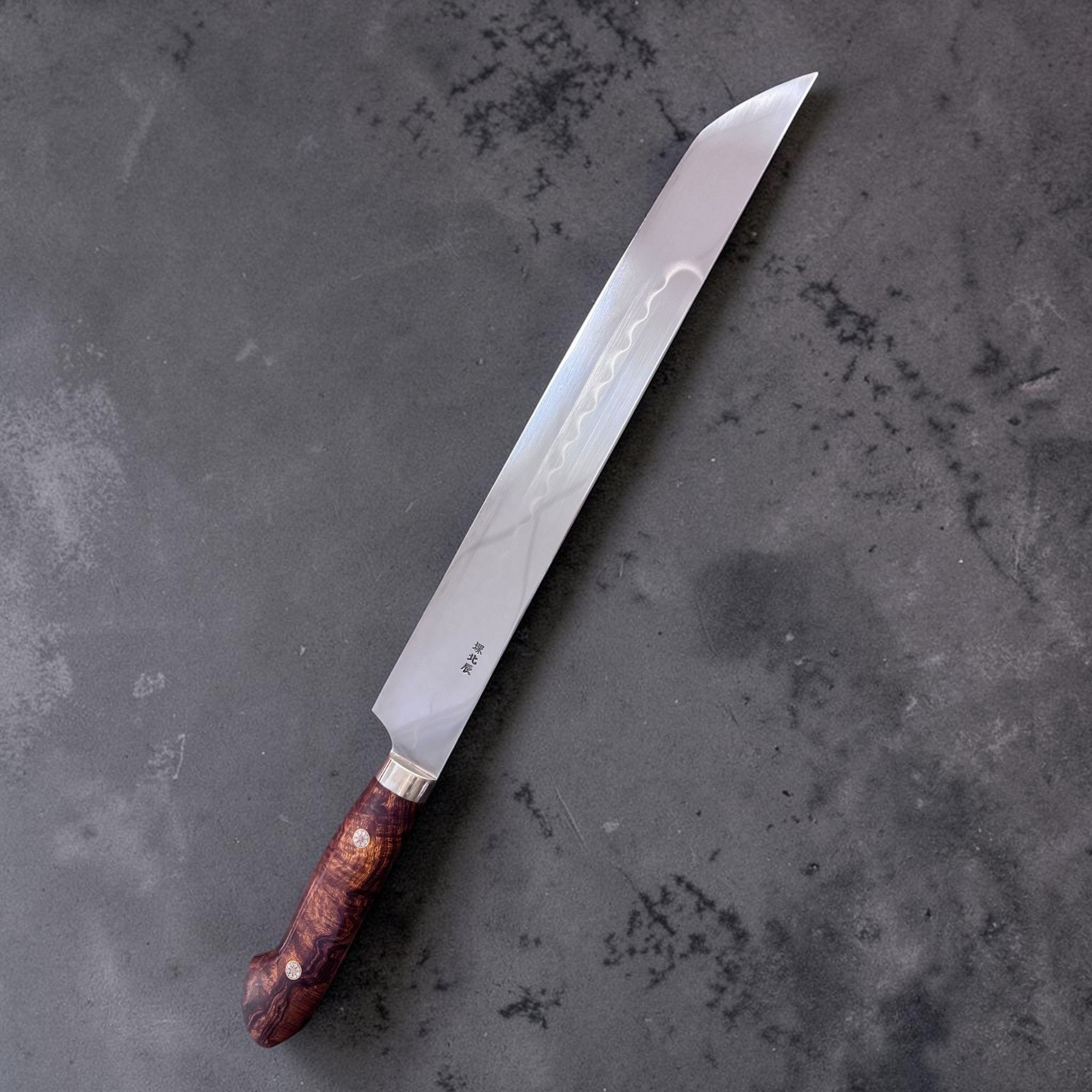 Yoshikazu Ikeda White #2 Honyaki Sakimaru Sujihiki 270 mm, reverse side with maker's kanji and hamon line.