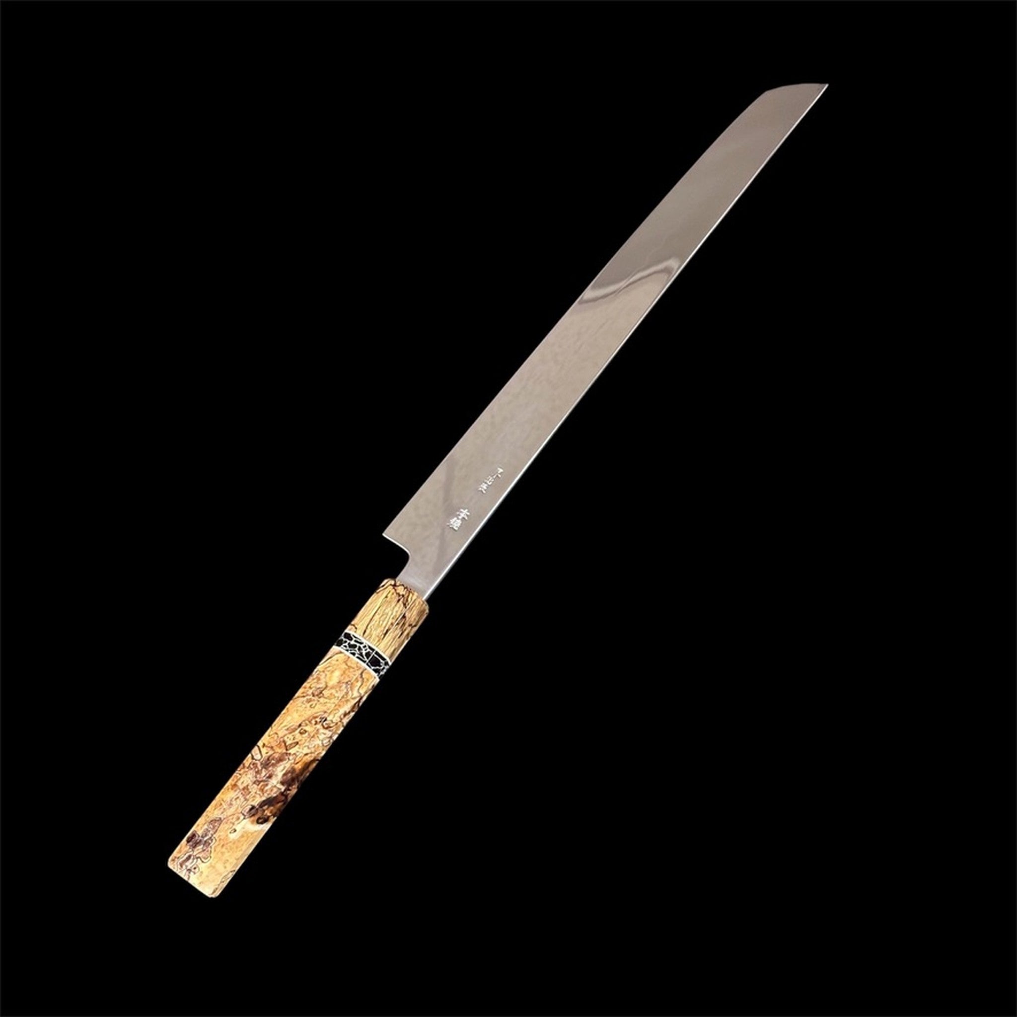 Yoshikazu Ikeda White #2 Honyaki Sakimaru Yanagiba 330 mm Mt Fuji Moon, angled rear side view with mirror-polished blade.