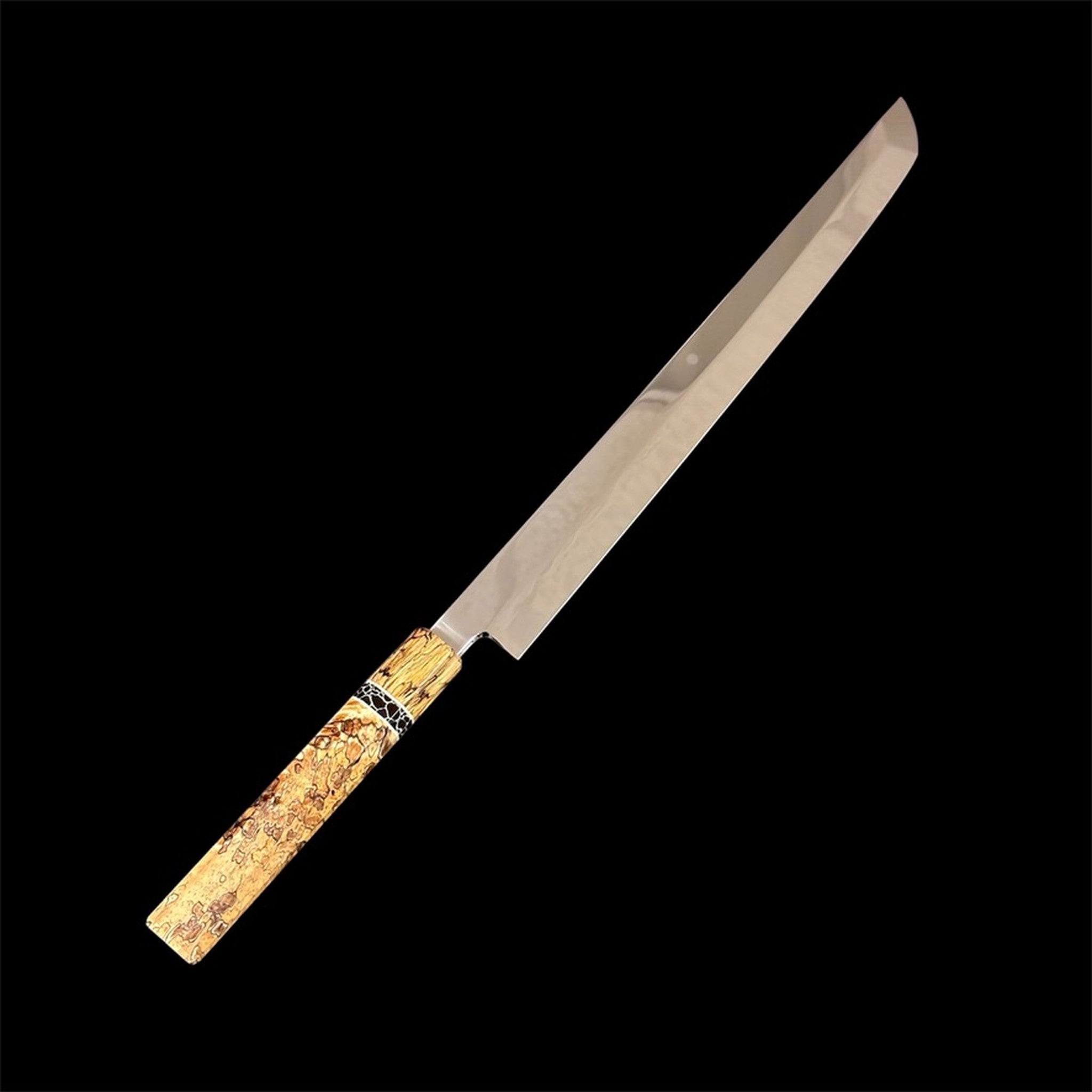 Yoshikazu Ikeda White #2 Honyaki Sakimaru Yanagiba 330 mm Mt Fuji Moon, angled front view highlighting the polished honyaki blade and figured handle.