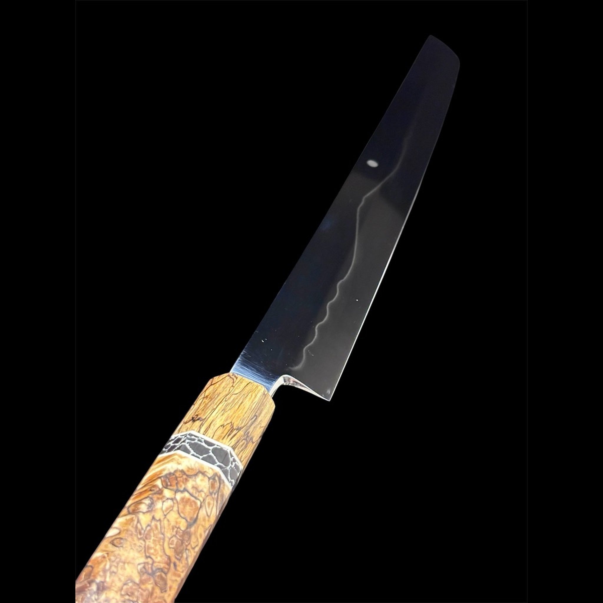 Yoshikazu Ikeda White #2 Honyaki Sakimaru Yanagiba 330 mm Mt Fuji Moon, close-up detail of blade finish and custom handle.