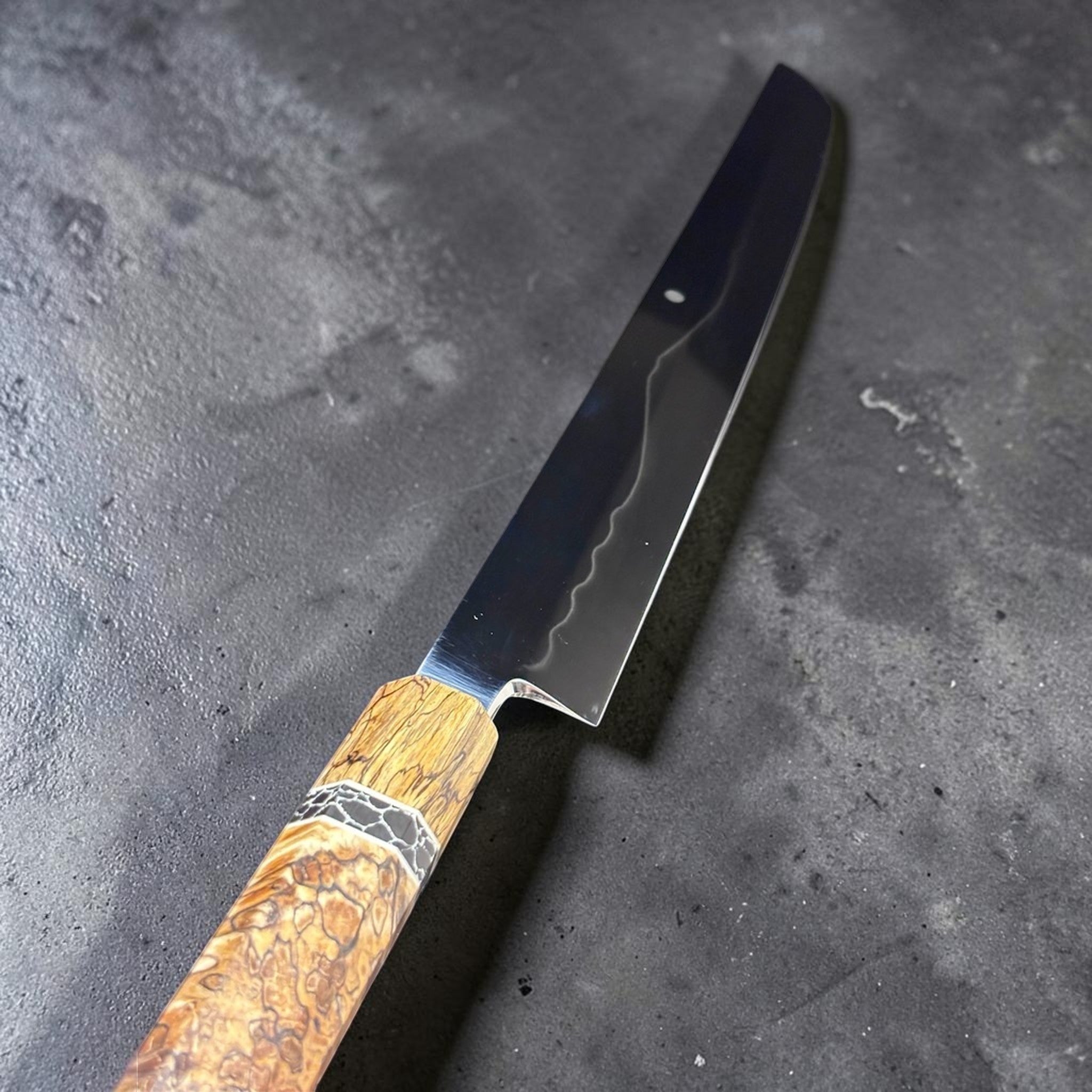 Yoshikazu Ikeda White #2 Honyaki Sakimaru Yanagiba 330 mm Mt Fuji Moon, close-up detail of blade finish and custom handle.