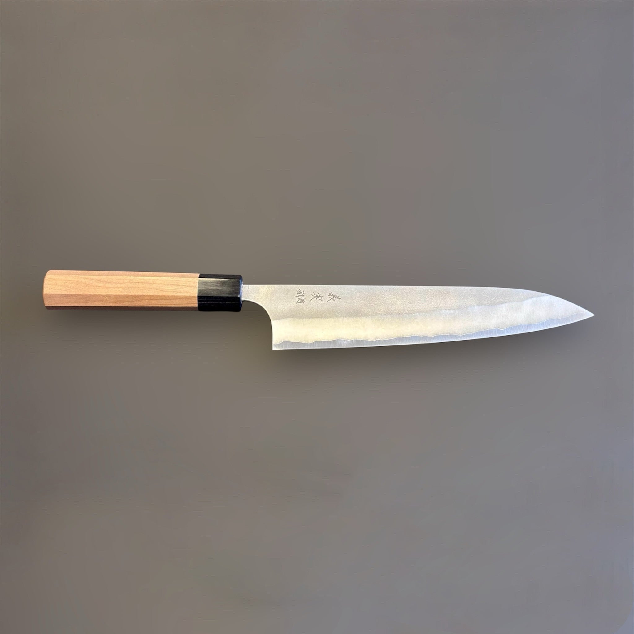 Yoshimi Kato Aogami Super Nashiji Gyuto 210 mm profile shot.