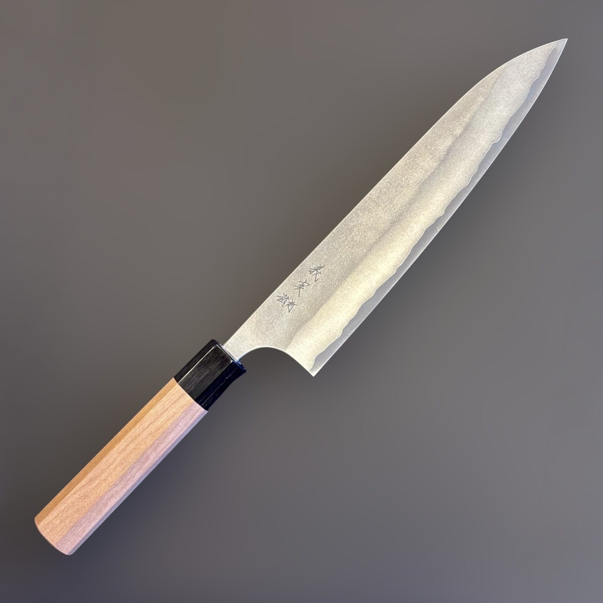 Yoshimi Kato Aogami Super Nashiji Gyuto 210 mm, full profile product photo with natural wood wa handle and black ferrule.