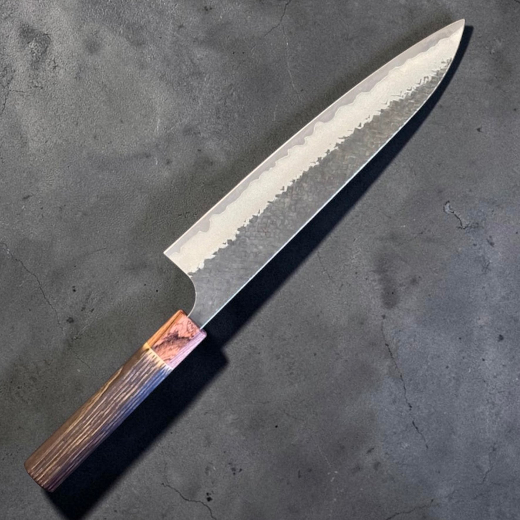 Yoshimi Kato Aogami Super Kurouchi Kaku-Tsuchime Gyuto 240mm, reverse angled view.