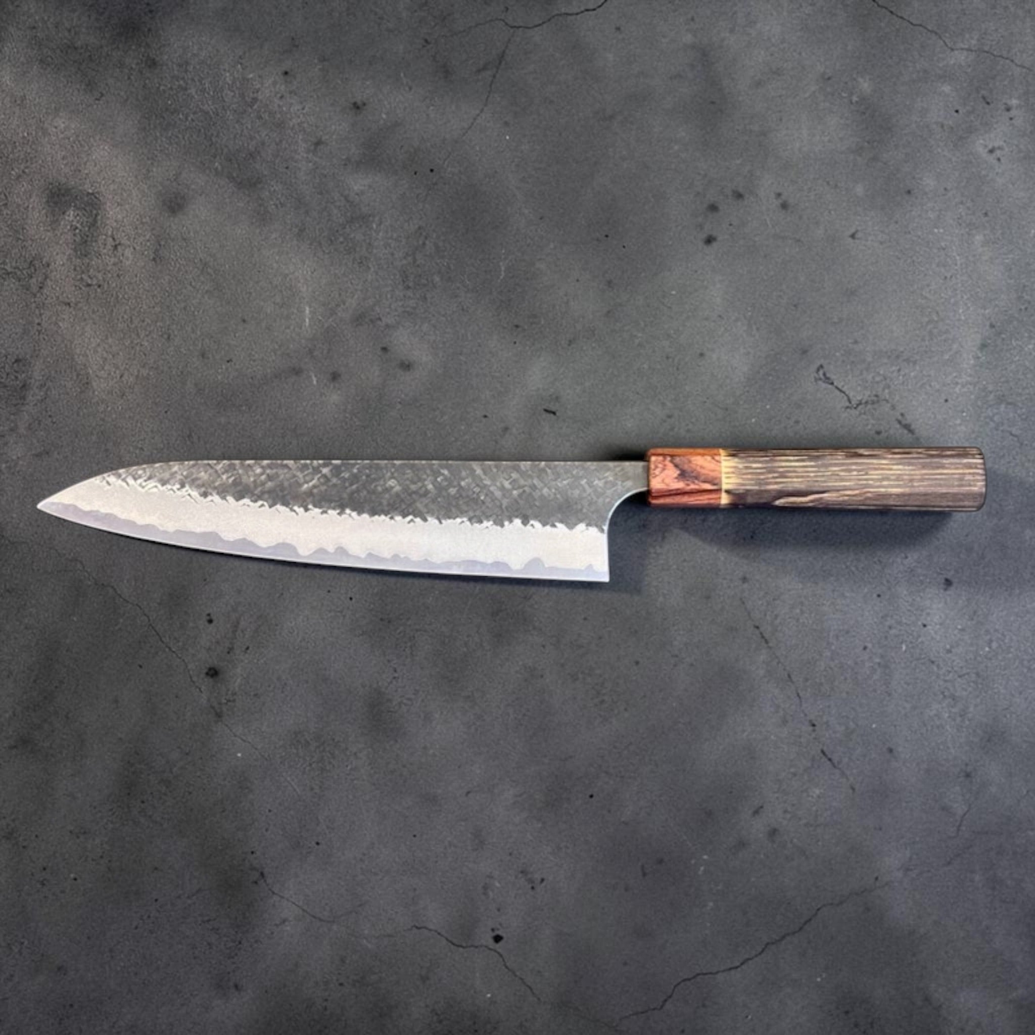 Yoshimi Kato Aogami Super Kurouchi Kaku-Tsuchime Gyuto 240mm, full reverse-side profile.