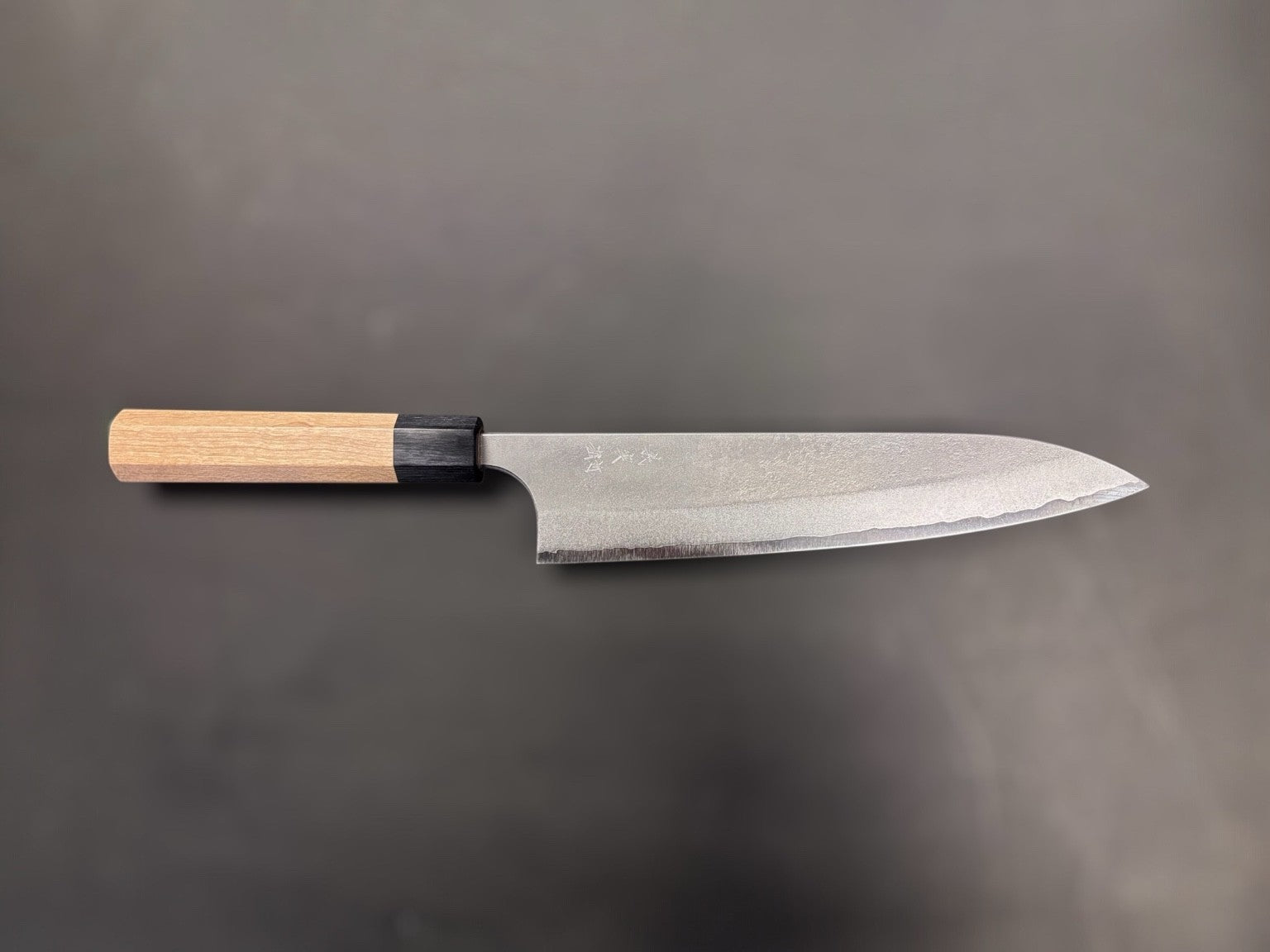 Yoshimi Kato AS Nashiji Gyuto 240mm, full side profile showing Nashiji texture and kasumi finish.