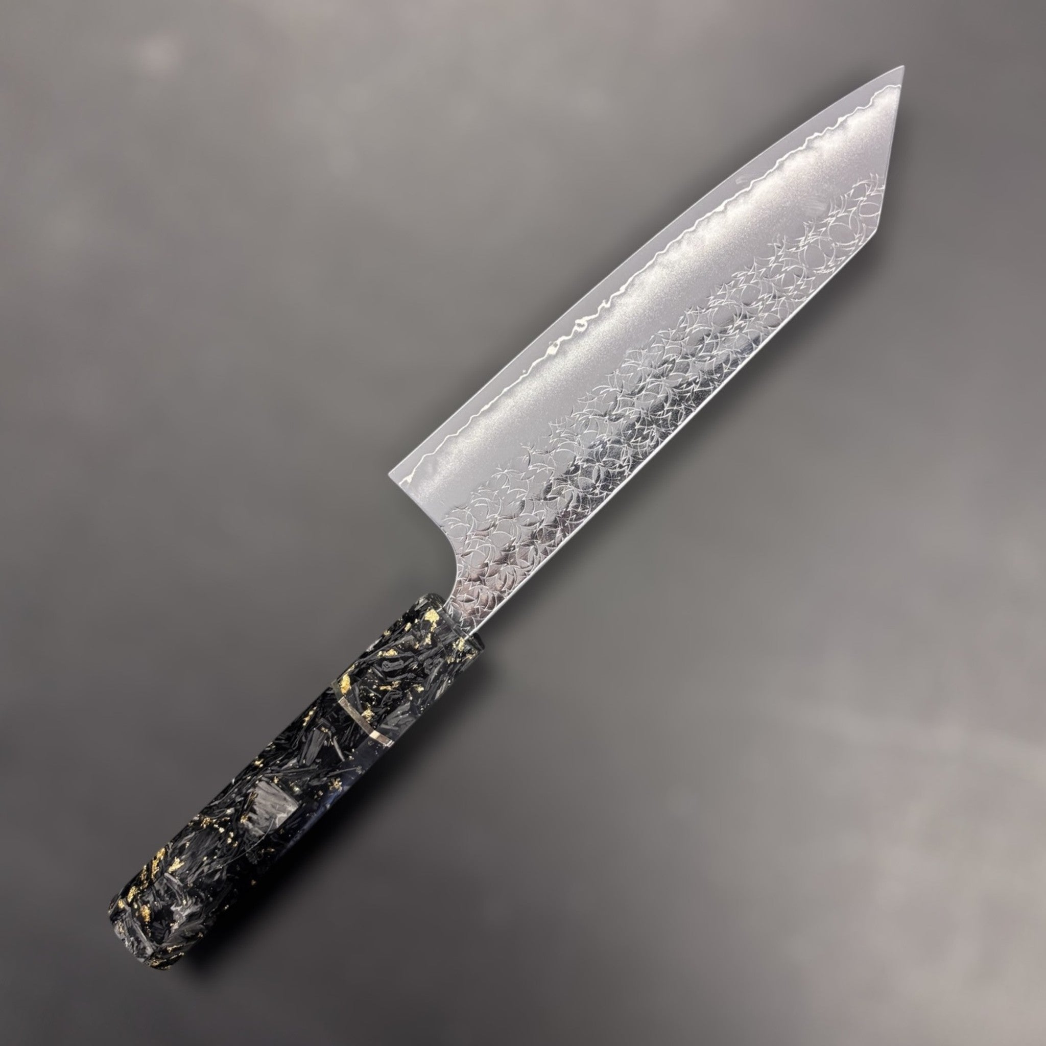 Yoshimi Kato Minamo SG2 Bunka 171 mm, reverse side profile highlighting stainless cladding and subtle hamon-like line.