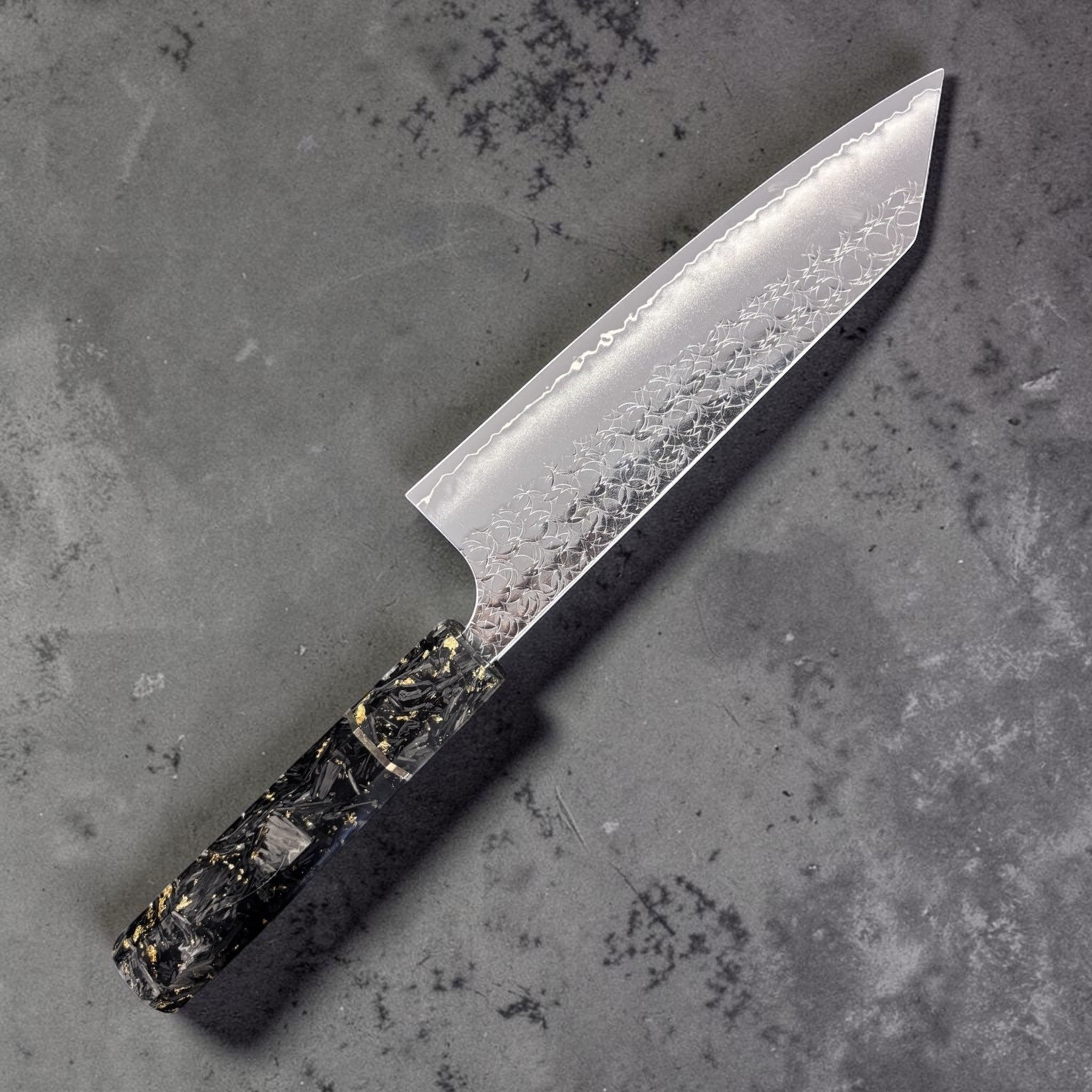 Yoshimi Kato Minamo SG2 Bunka 171 mm, reverse side profile highlighting stainless cladding and subtle hamon-like line.