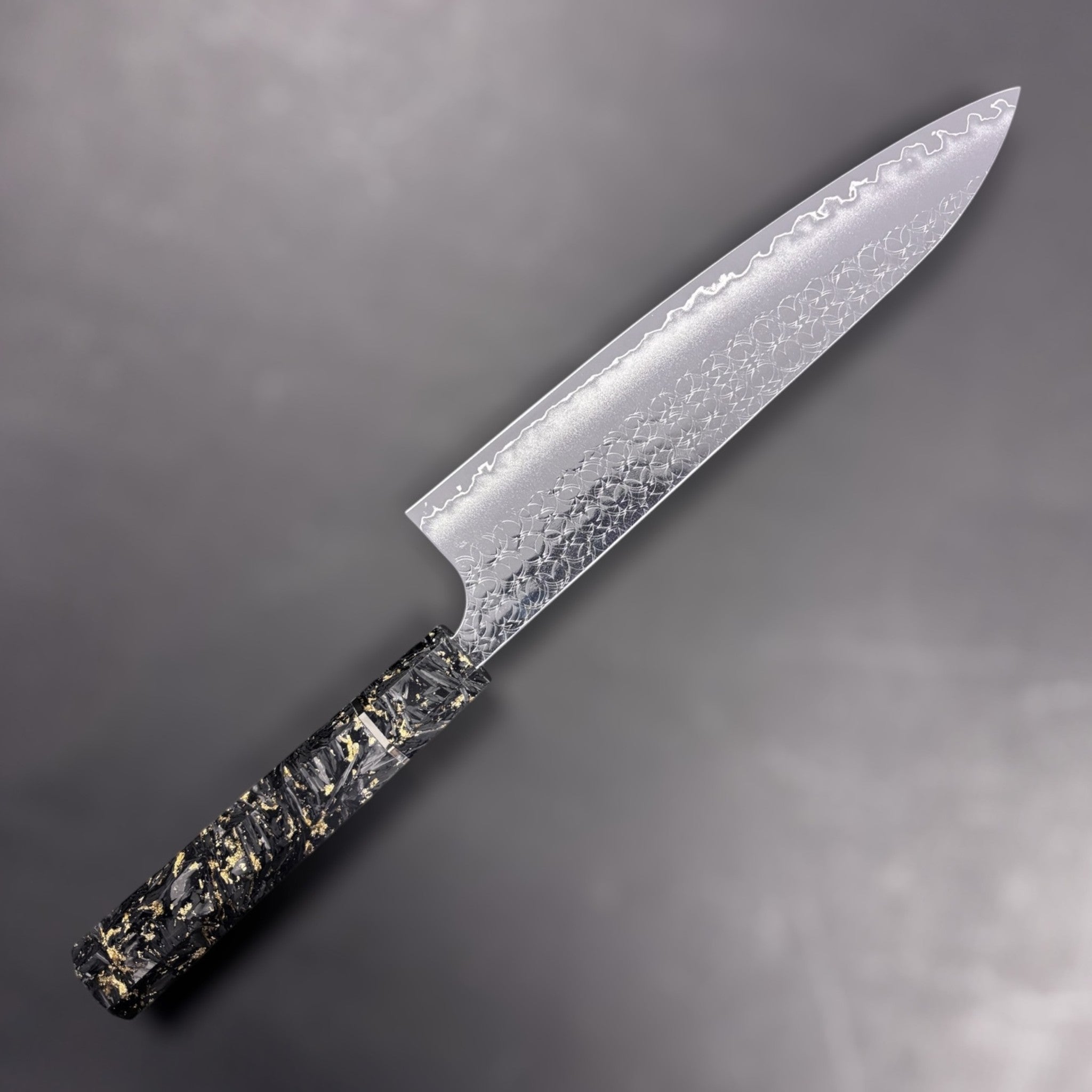 Yoshimi Kato Minamo SG2 Gyuto 210 mm, reverse side profile with long convex grind and wavy cladding line.