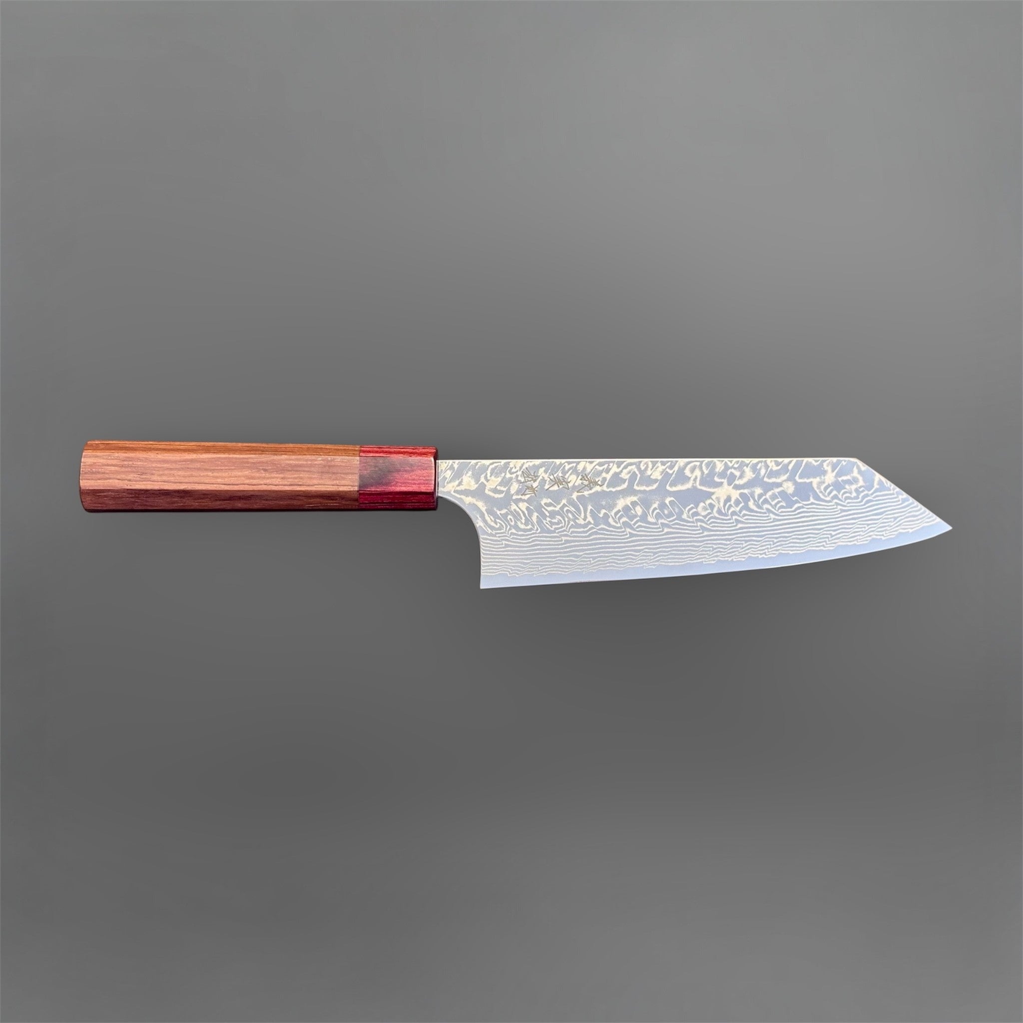 Yoshimi Kato SG2 Damascus Bunka 170 mm with Honduran wood handle and red pakkawood ferrule, side profile view.